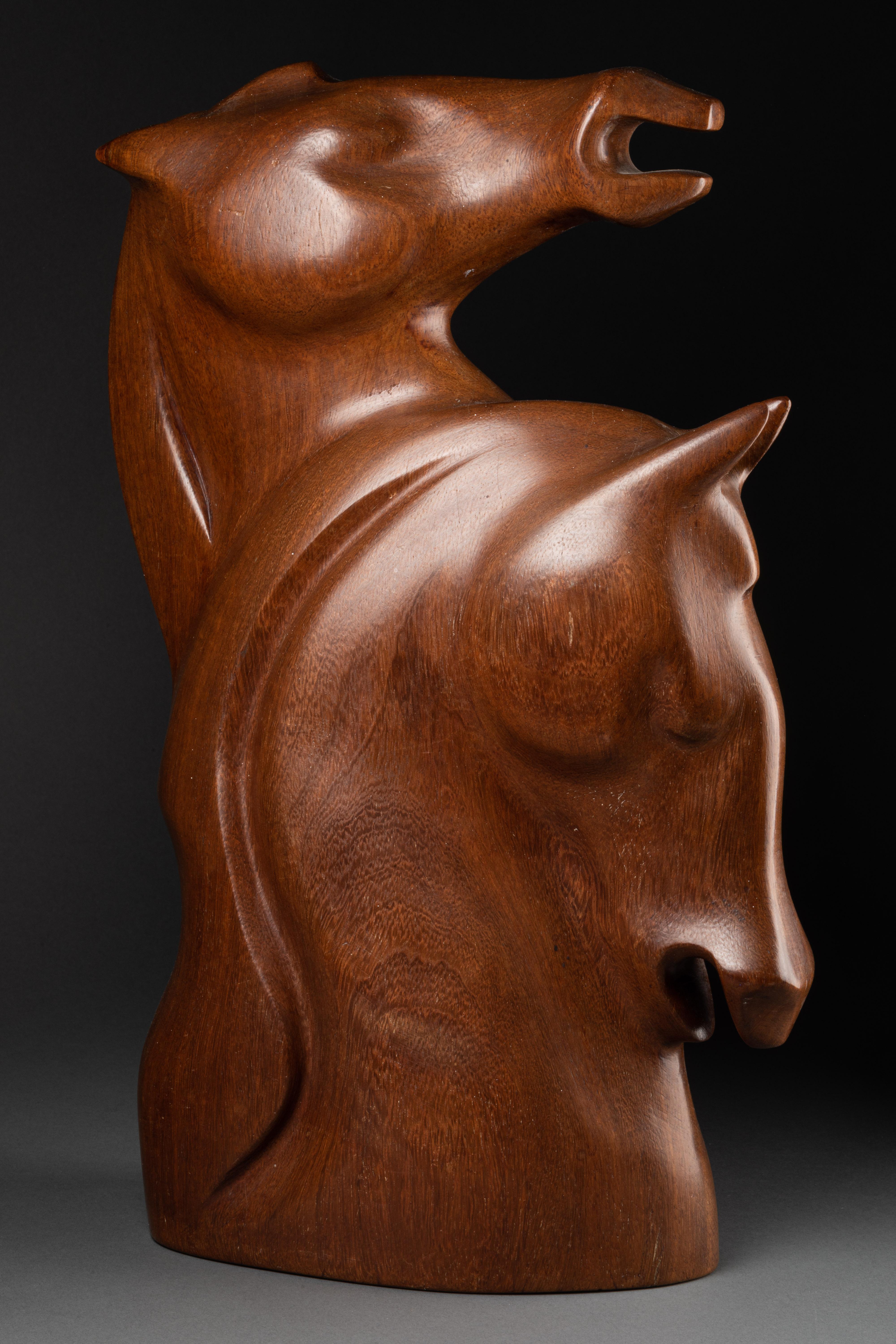 Mid-Century Modern Max Meder (1937-) : « Couple of horses bust », sculpture en bois C. en vente