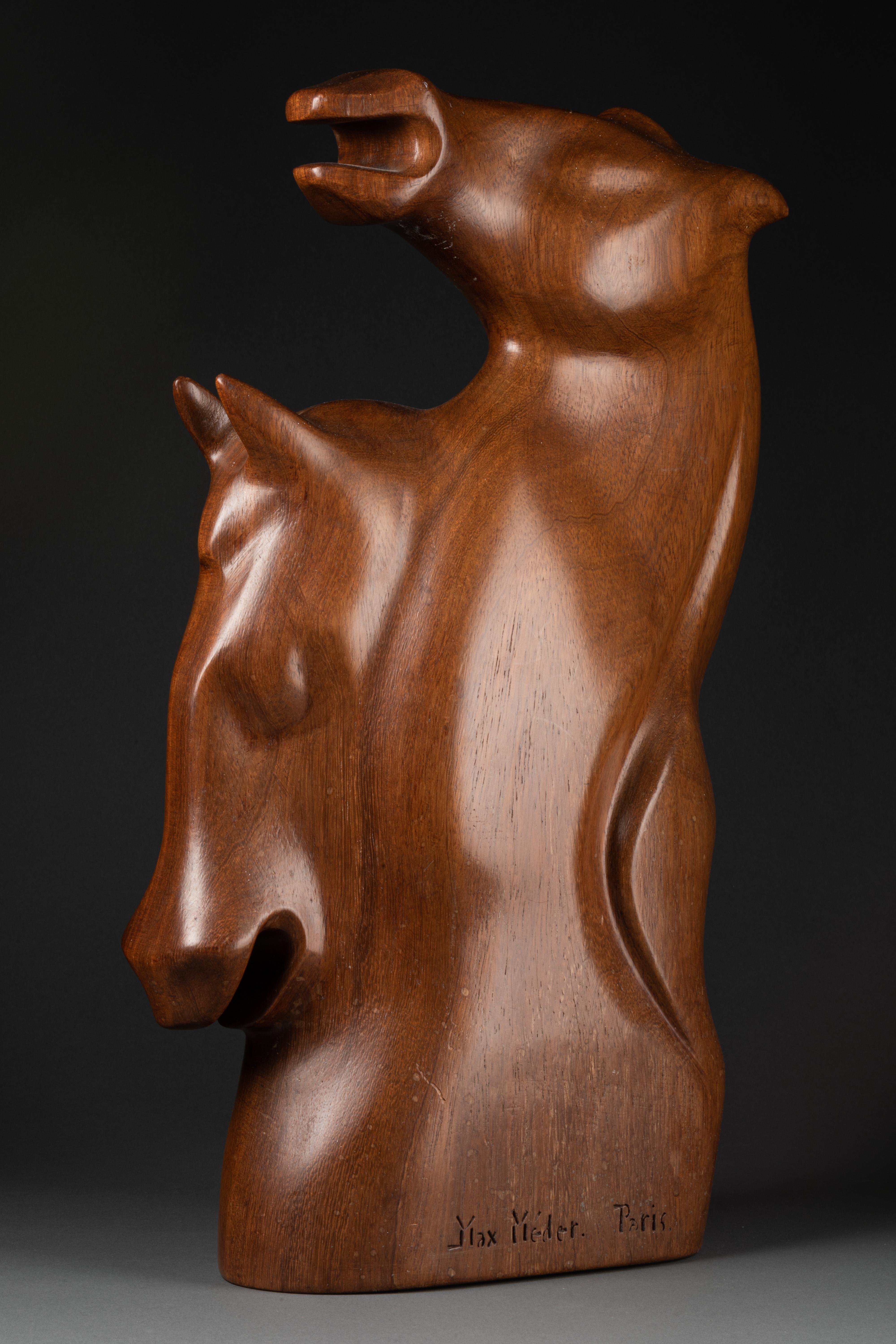 Français Max Meder (1937-) : « Couple of horses bust », sculpture en bois C. en vente