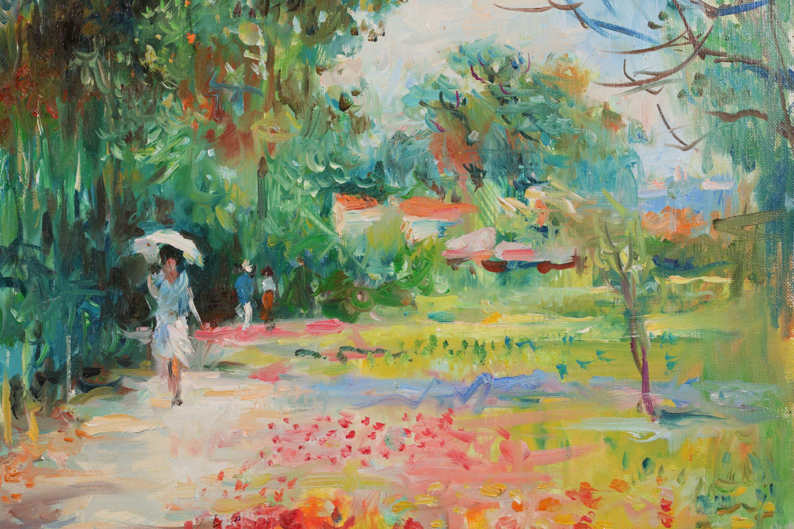 Signed post impressionist figures in landscape circa 1980 by French painter Max Michel Agostini. The work park-goers beside a river on a sunny day. A lady carrying a parasol as she walks along a riverside path and a man dressed in blue bits on the