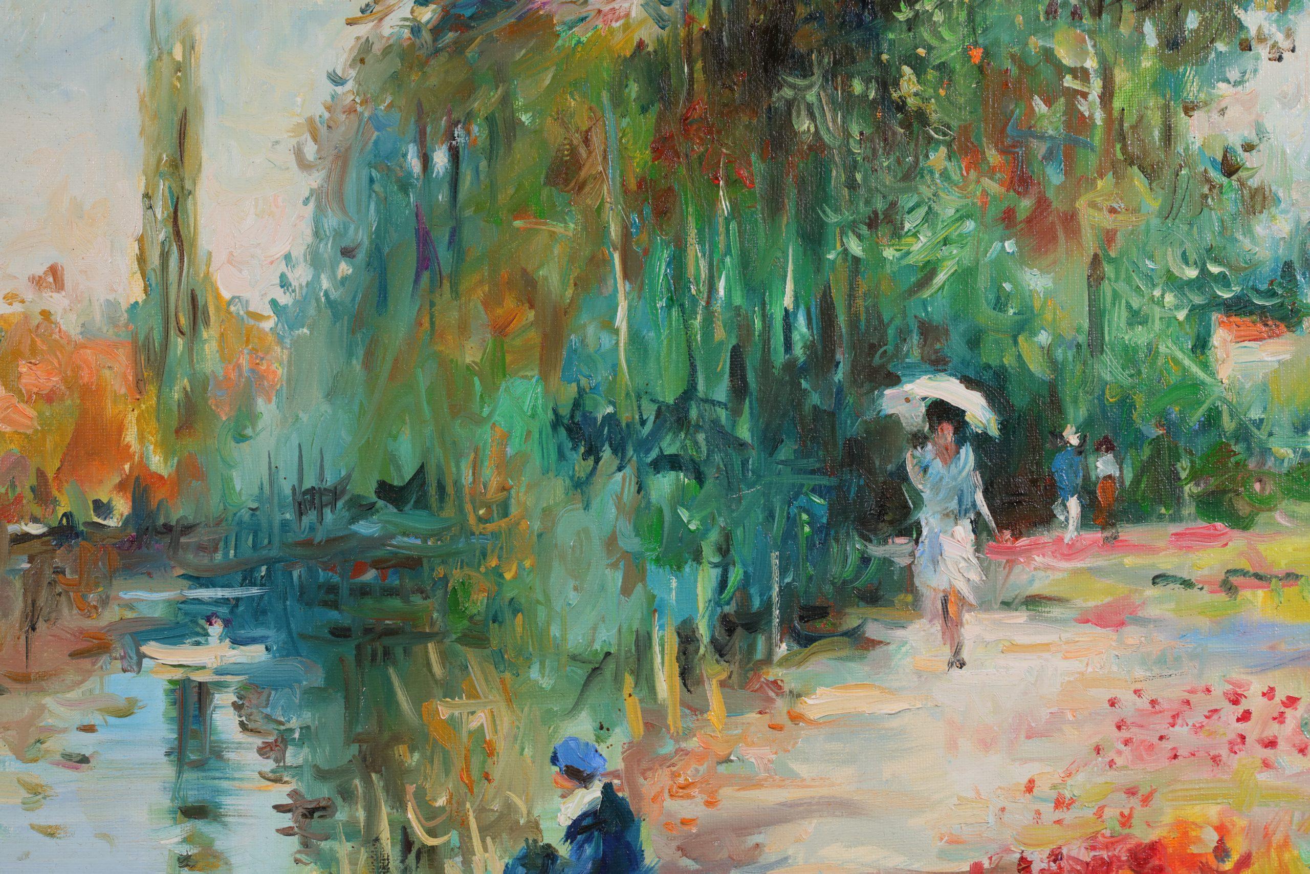 Au bords de l'etang - Figuras postimpresionistas al óleo en paisaje - Max Agostini en venta 1