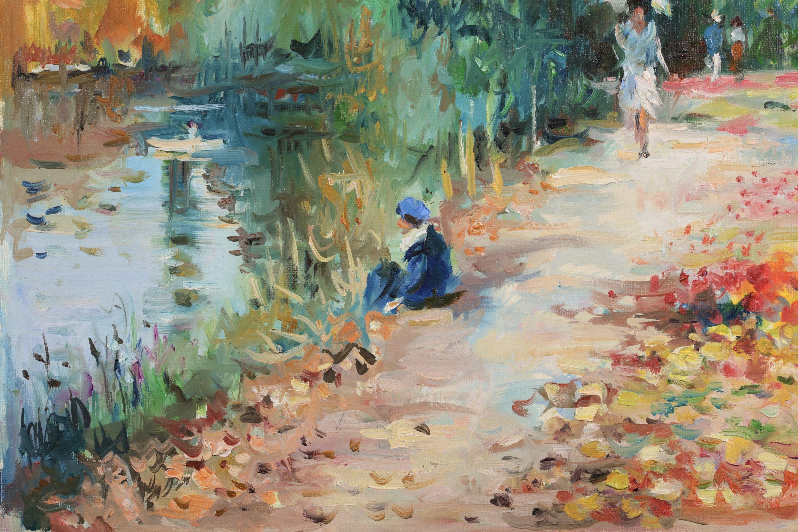 Au bords de l'etang - Post Impressionist Figures in Landscape Oil - Max Agostini For Sale 3