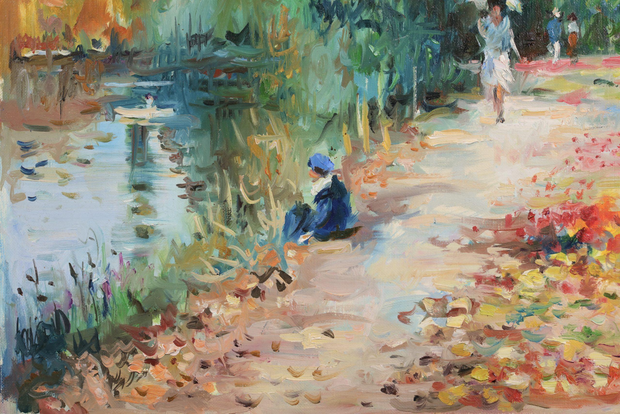 Au bords de l'etang - Figuras postimpresionistas al óleo en paisaje - Max Agostini en venta 2