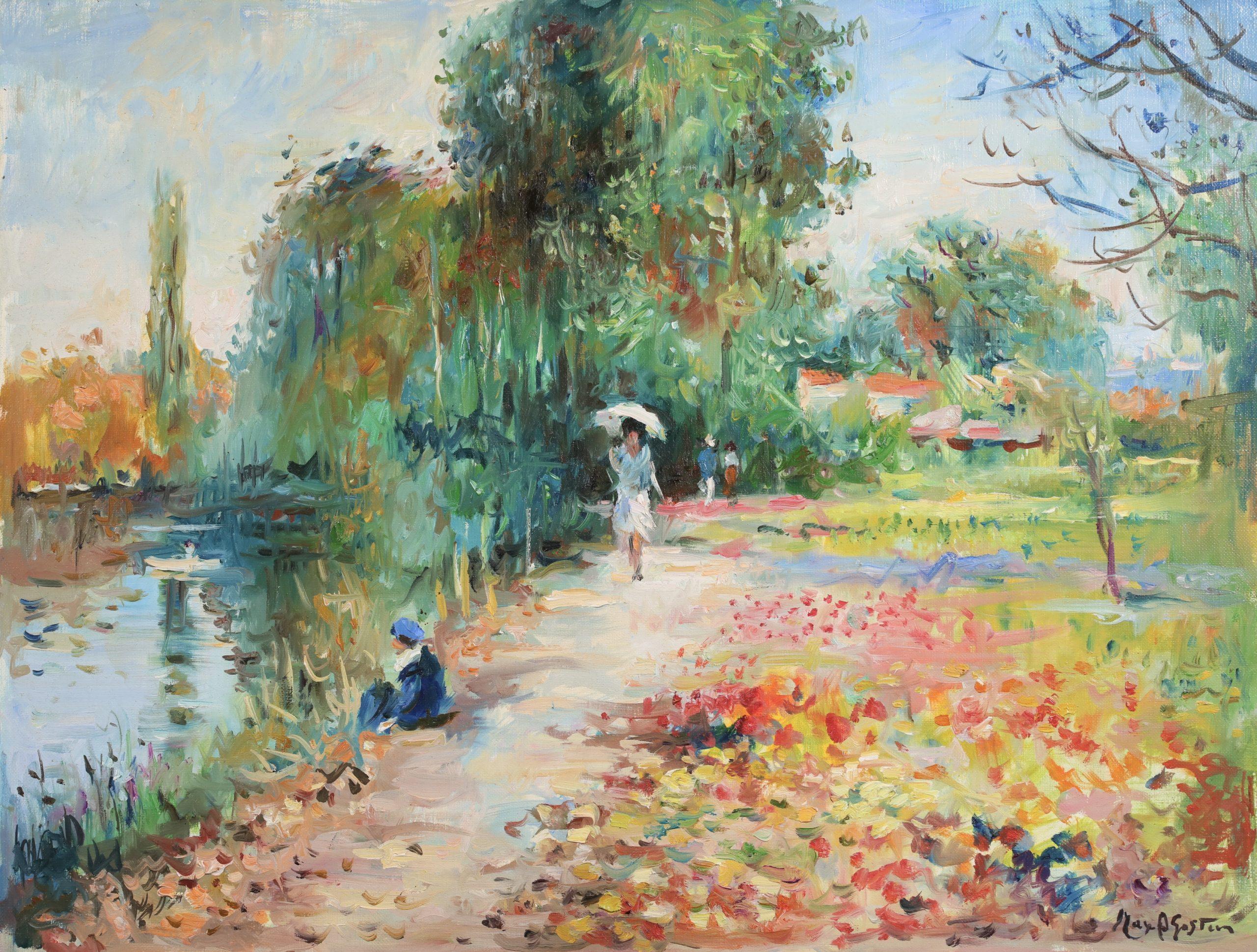 Figurative Painting de Max Michel Agostini - Au bords de l'etang - Figuras postimpresionistas al óleo en paisaje - Max Agostini
