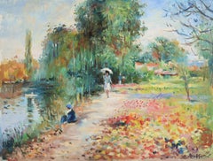 Vintage Au bords de l'etang - Post Impressionist Figures in Landscape Oil - Max Agostini