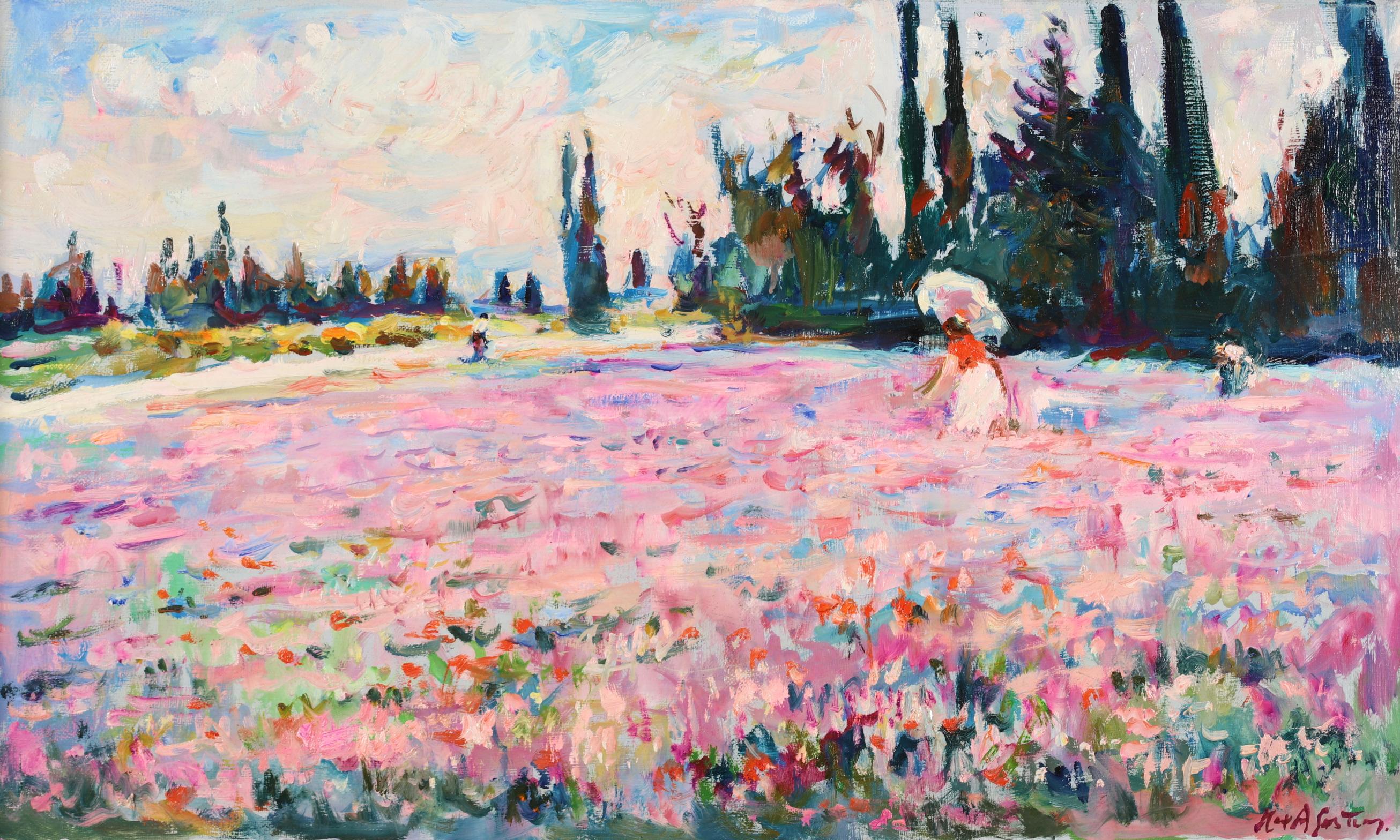 Signed post impressionist oil on canvas landscape circa 1980 by French painter Max Michel Agostini. The work depicts a field with the most beautifully coloured wildflowers in shades of pinks and blues. In the centre of the field a woman shades from