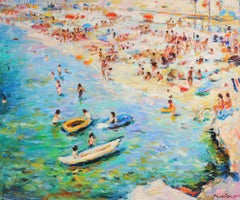 La Plage - Pintura al óleo postimpresionista Figuras en paisaje de Max Agostini