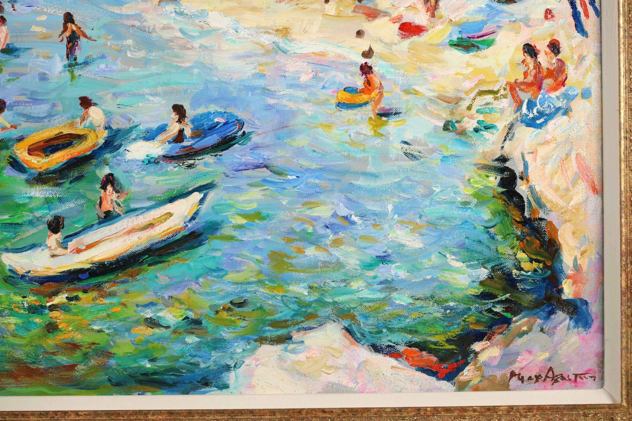 La Plage - Post Impressionist Figures in Landscape Oil Painting by Max Agostini For Sale 3