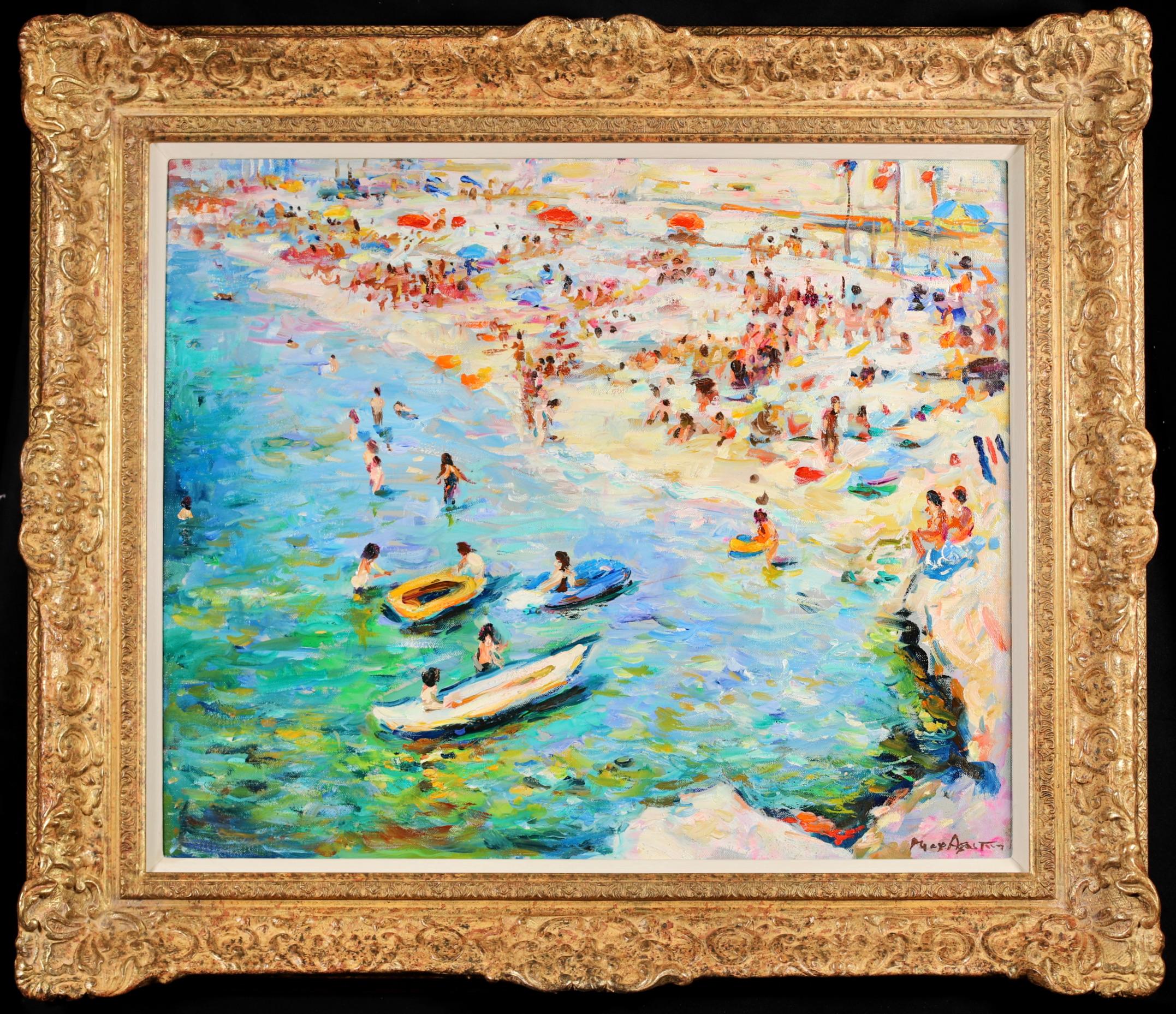 Max Michel Agostini Landscape Painting - La Plage - Post Impressionist Figures in Landscape Oil Painting by Max Agostini