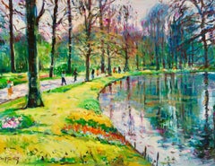 L'Etang - Post Impressionist Figures in Landscape Oil by Max Agostini