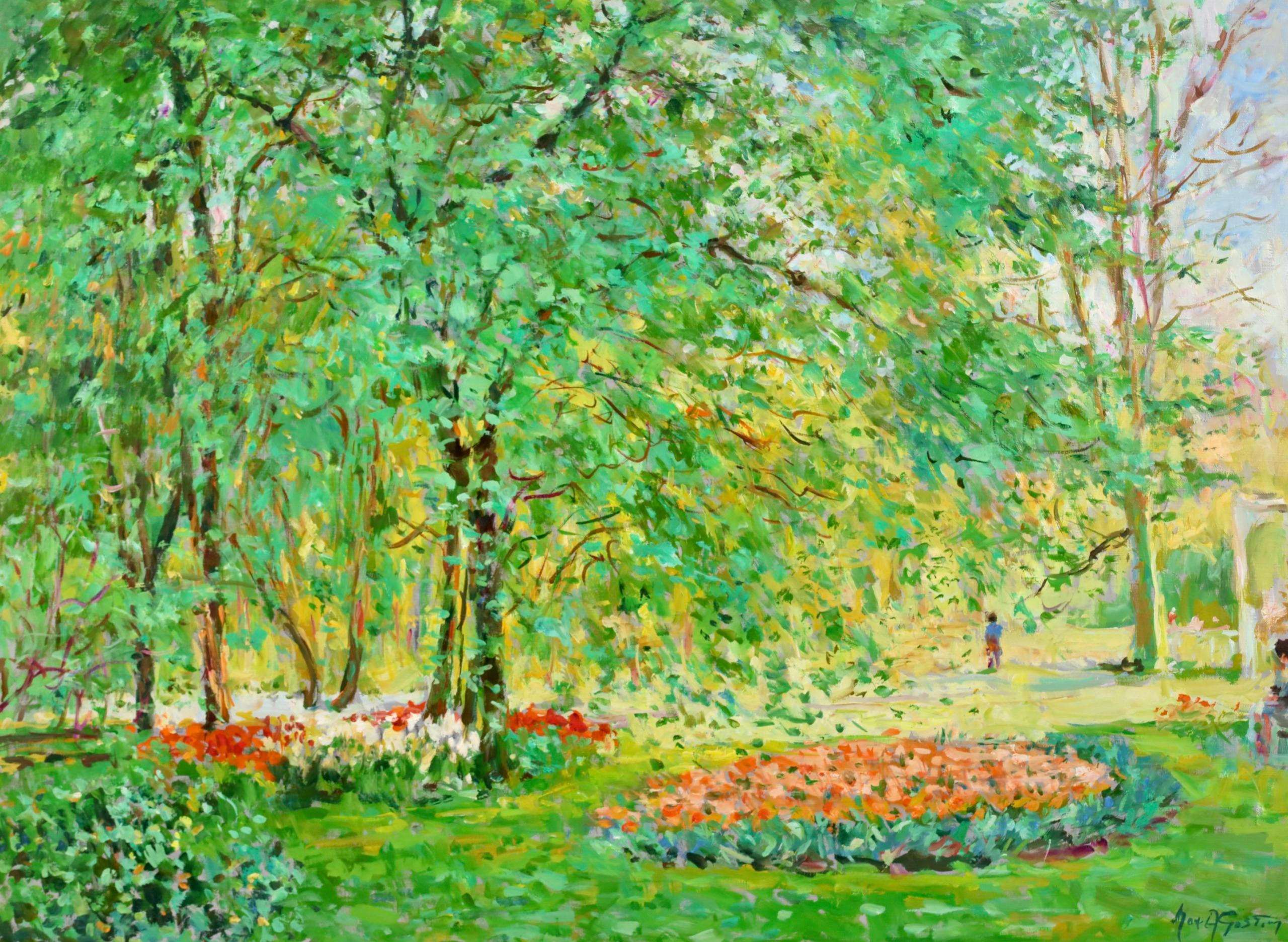 Parterres de flores en el parque - Paisaje postimpresionista Óleo Max Agostini - Painting de Max Michel Agostini