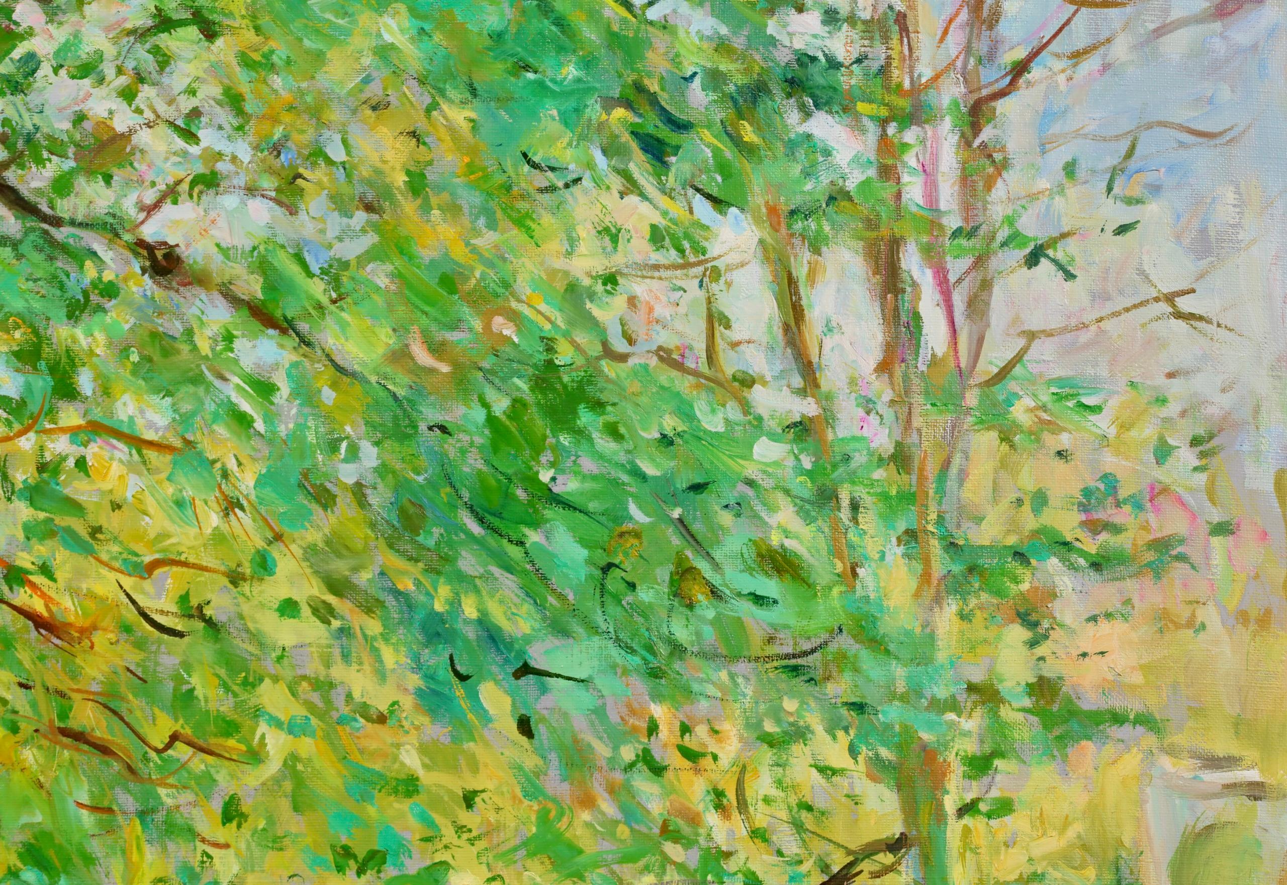 Figuras postimpresionistas firmadas en paisaje, óleo sobre lienzo, hacia 1980, del pintor francés Max Michel Agostini. La obra representa un parque en primavera. Hay parterres llenos de tulipanes rojos, melocotones y blancos a la sombra de altos