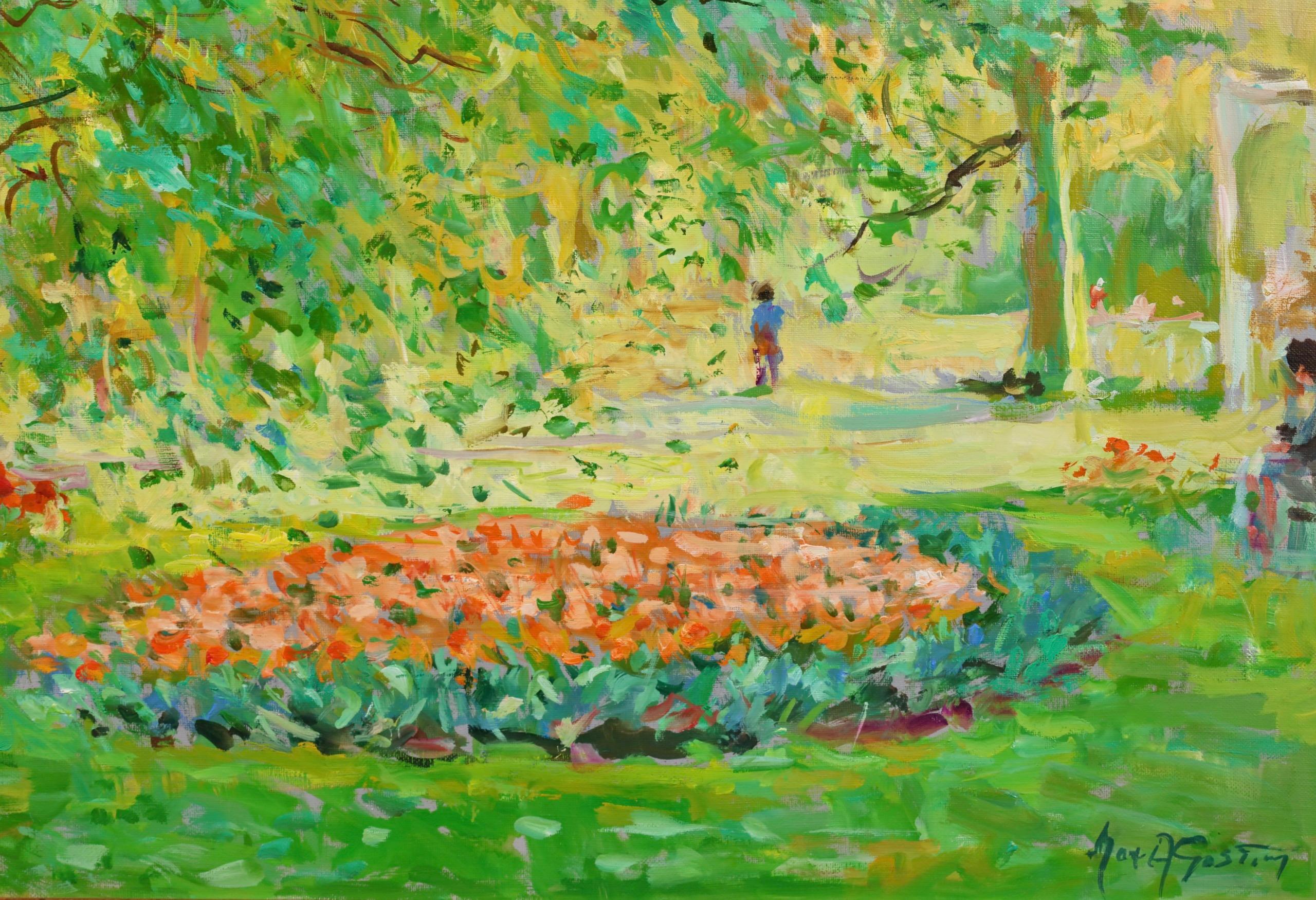 Parterres de flores en el parque - Paisaje postimpresionista Óleo Max Agostini en venta 1