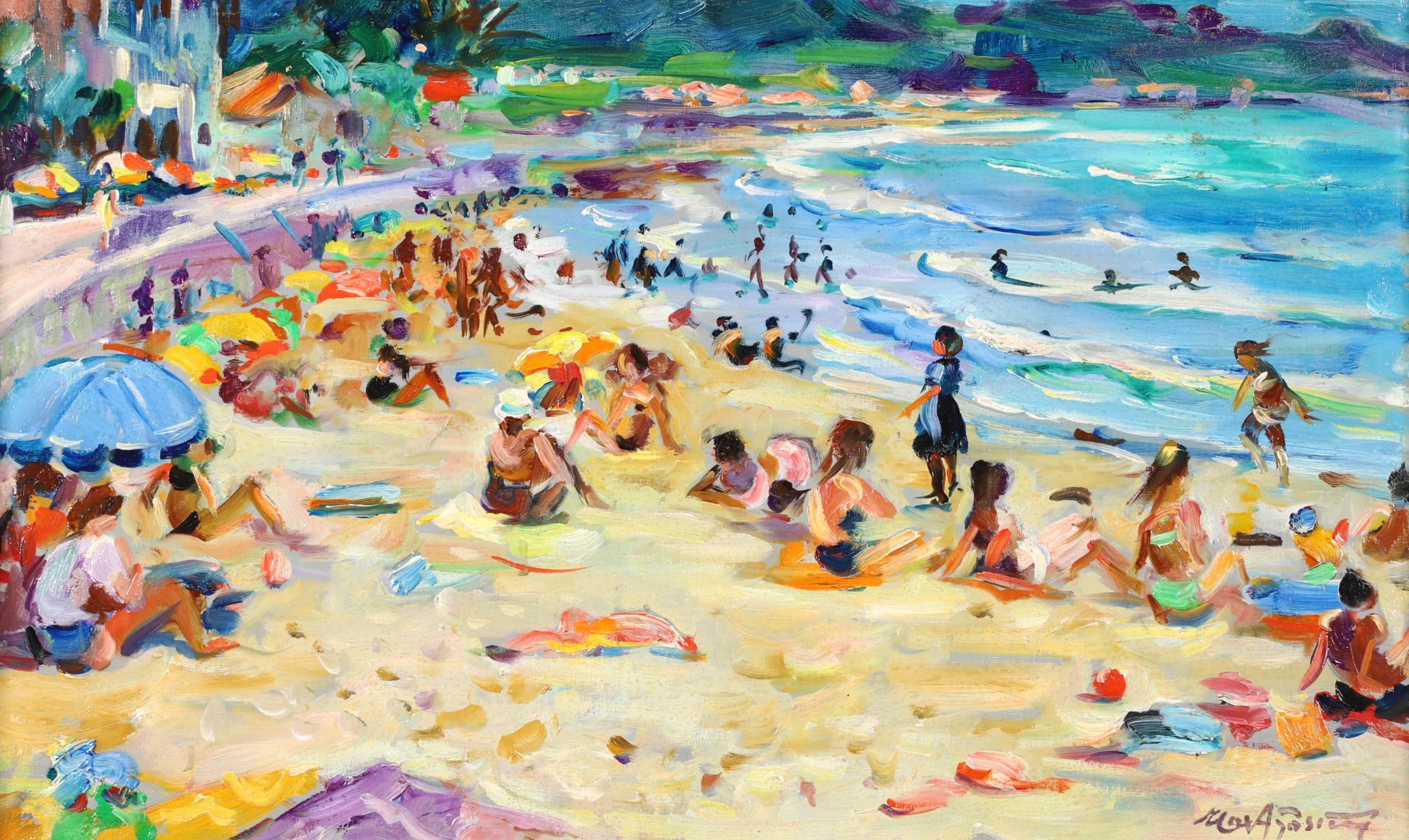 Sunbathing on the Beach - Post Impressionist Figurative Oil by Max Agostini - Painting by Max Michel Agostini