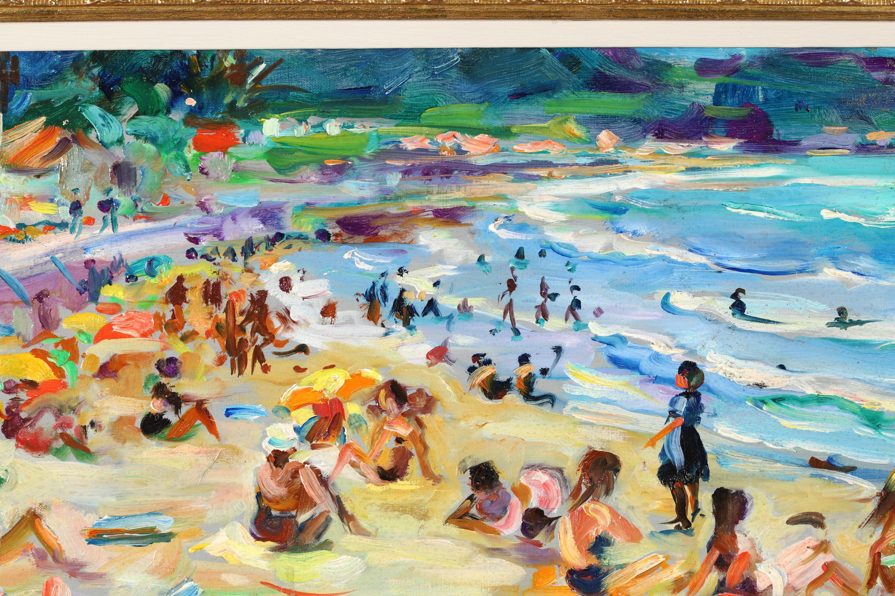 Signed post impressionist figures in landscape circa 1980 by French painter Max Michel Agostini. The work depicts bathers on a sunny day sunbathing on a golden sandy beach and swimming in a crystal blue sea. A beautiful and wonderfully coloured
