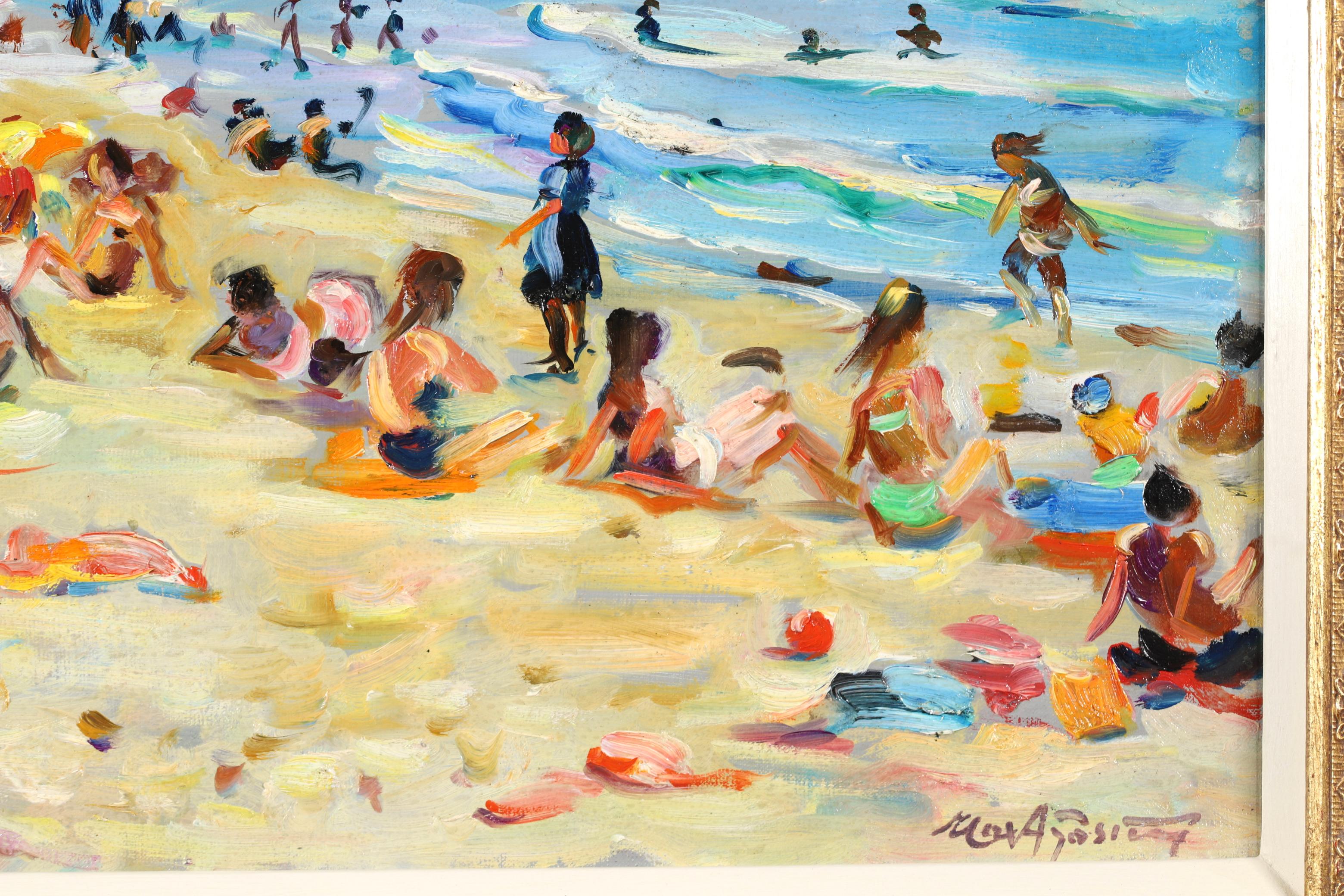 Bagno di sole sulla spiaggia - Olio figurativo post-impressionista di Max Agostini 2