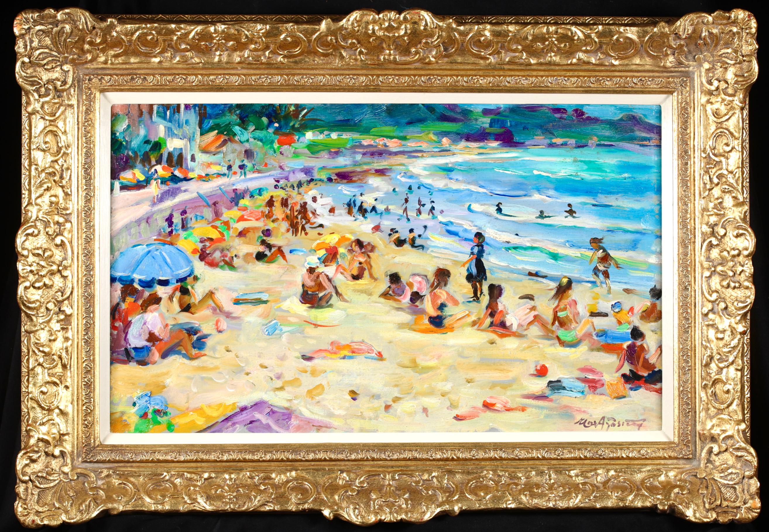 Max Michel Agostini Figurative Painting - Sunbathing on the Beach - Post Impressionist Figurative Oil by Max Agostini