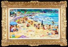 Bain de soleil sur la plage - Huile figurative post-impressionniste de Max Agostini