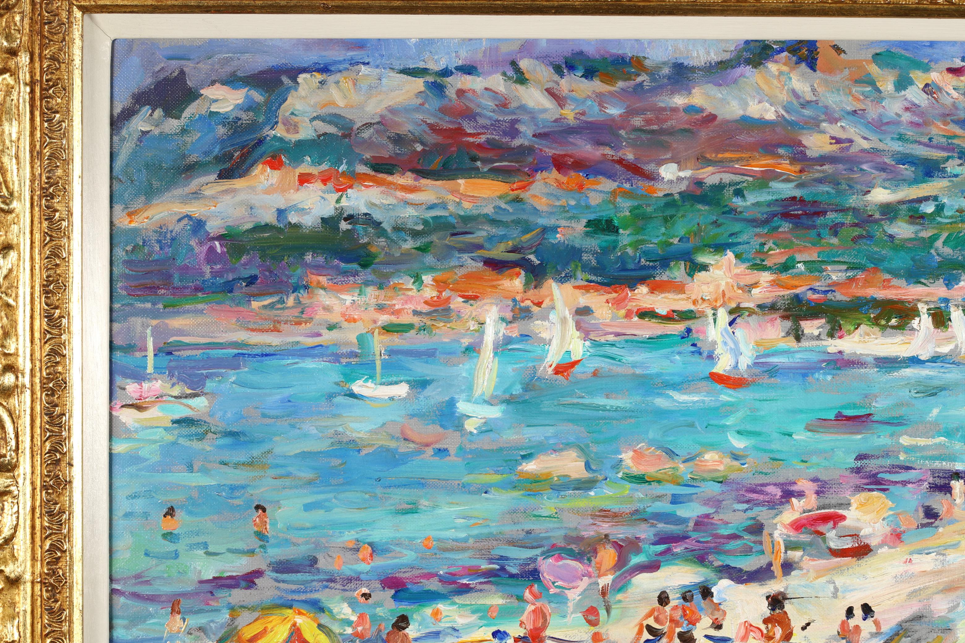 Signed post impressionist figures in coastal landscape oil on canvas circa 1980 by French painter Max Michel Agostini. The work depicts a crowded beach with families relaxing on the golden sand. White-sailed boats are dotted around the crystal blue
