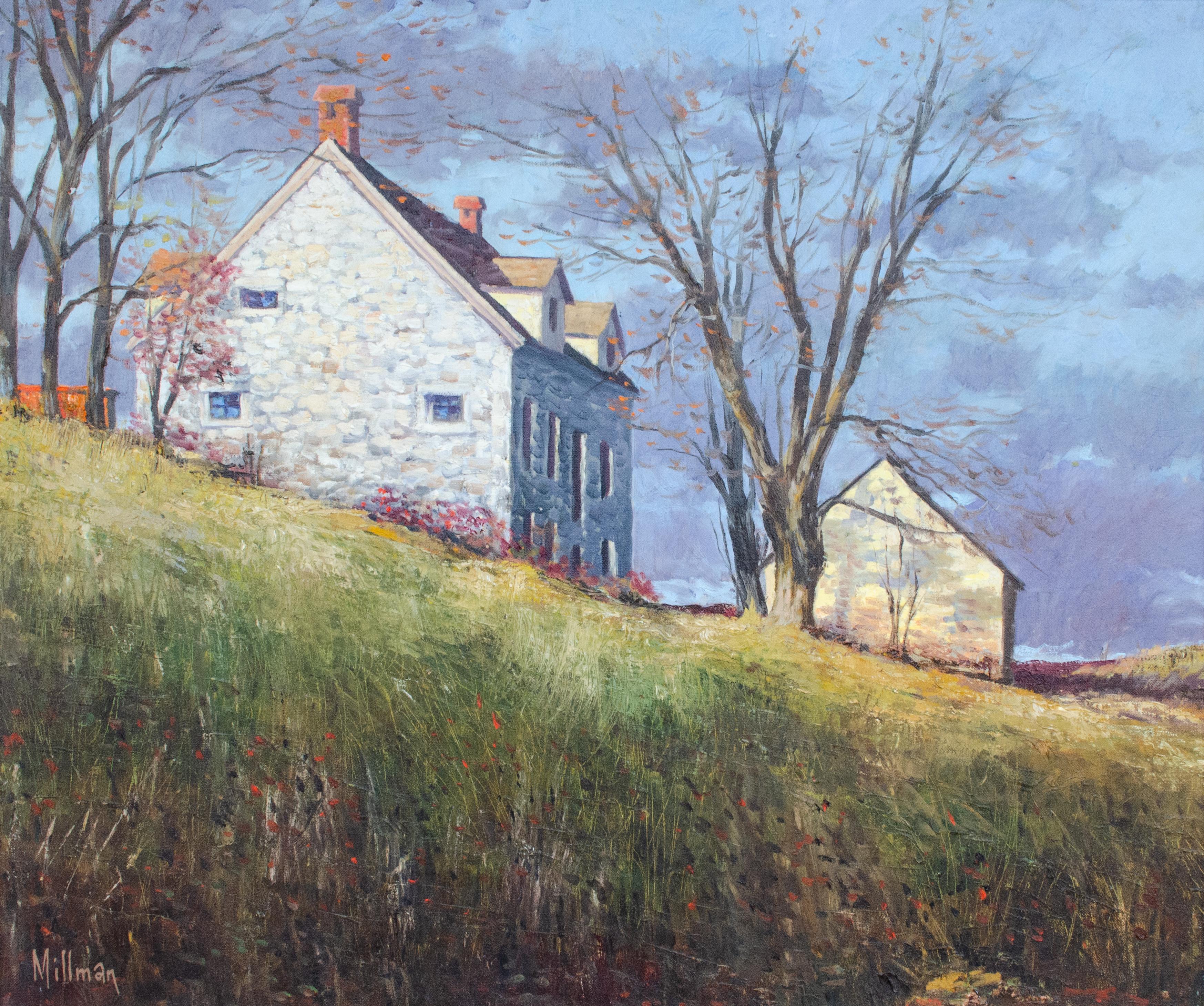  1970s Farmhouse Painting Along NY 201, Autumn Scene by Max Millman For Sale 1