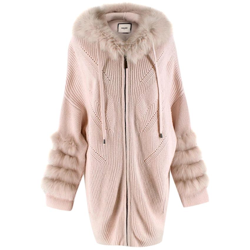 Max and Moi Beige Cashmere Blend Fur Trimmed Knit Hooded Cardigan
