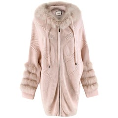 Max & Moi Beige Cashmere Blend Fur Trimmed Knit Hooded Cardigan - Size US 8