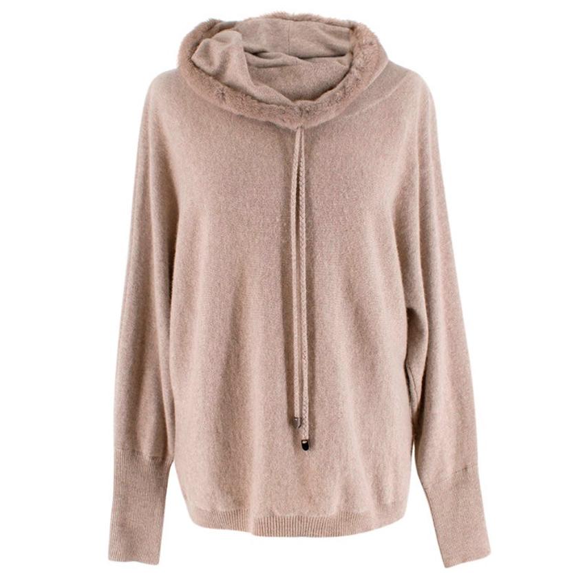 Max 
Moi Beige Cashmere Mink Trimmed Draped Neck Sweater - Size US 8