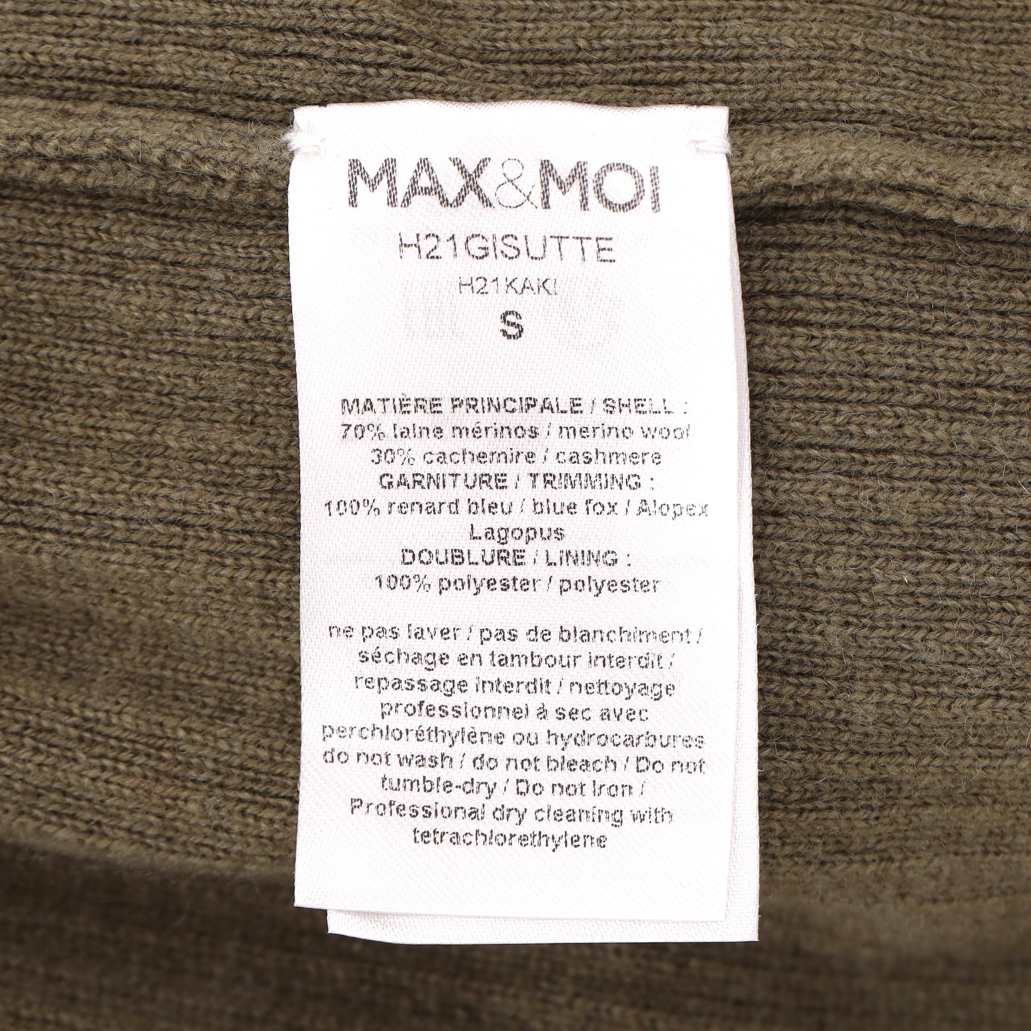 Max & Moi Strickjacke mit Reißverschluss aus Merinowolle und Kaschmir mit blauem Fuchsbesatz im Angebot 4