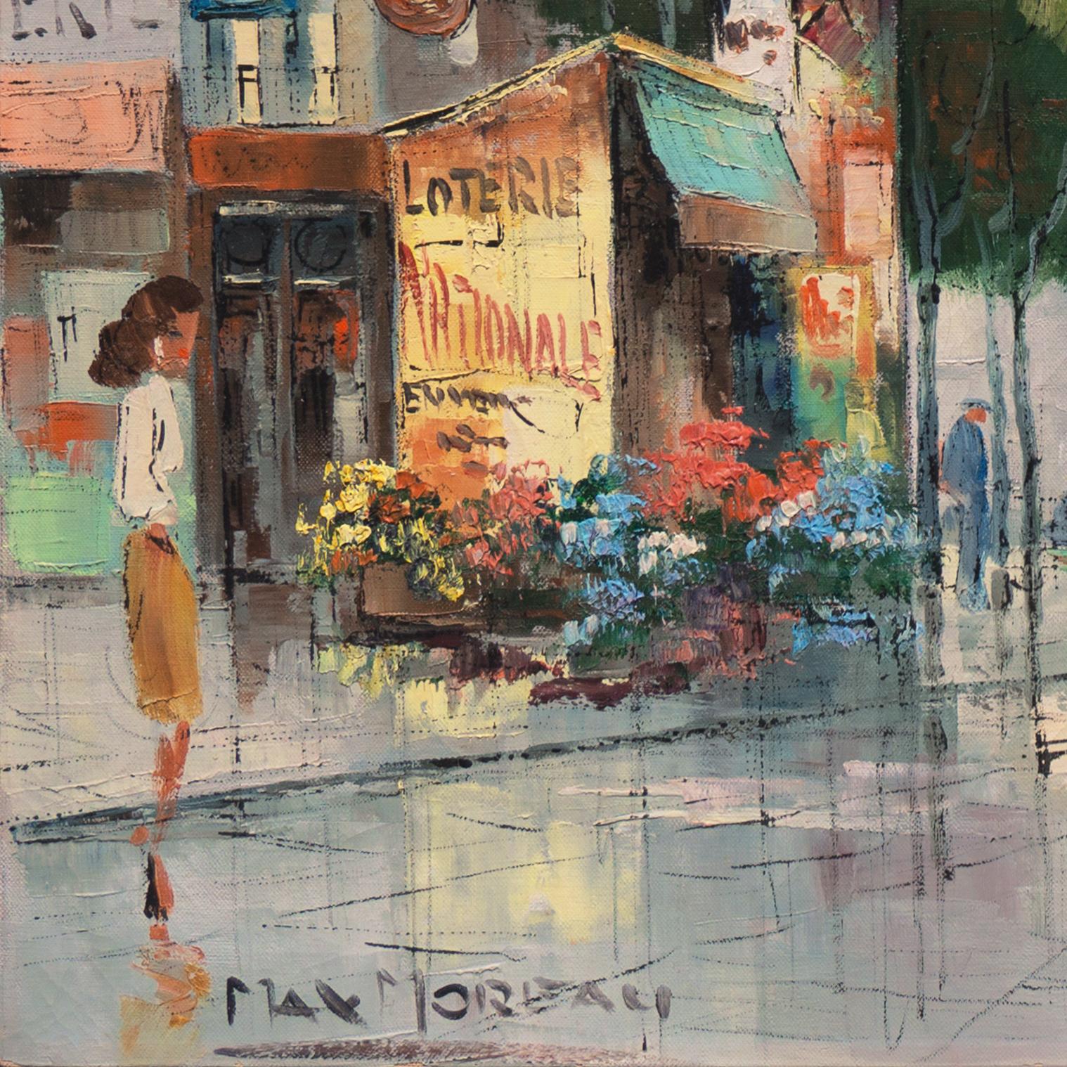 'Flower Market After the Rain', Paris Boulevarde, Musée des Beaux-Arts, Tram - Painting by Max Moreau