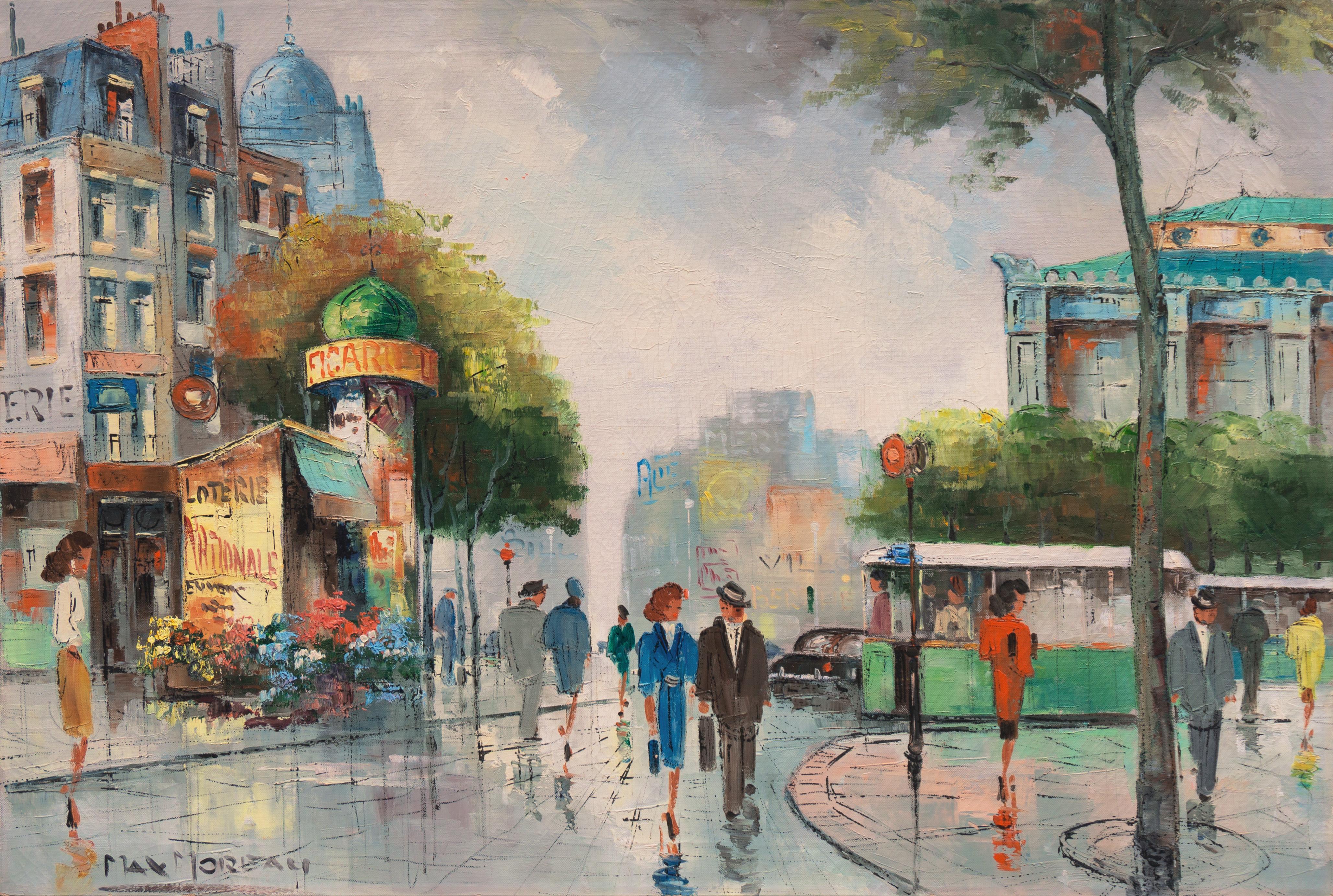 Max Moreau Landscape Painting - 'Flower Market After the Rain', Paris Boulevarde, Musée des Beaux-Arts, Tram