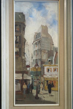 Dipinto a olio francese originale degli anni '60, incorniciato, raffigurante una scena di strada a Parigi, opera di Max Moreau