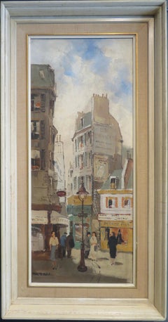 Dipinto a olio francese originale degli anni '60, incorniciato, raffigurante una scena di strada a Parigi, opera di Max Moreau