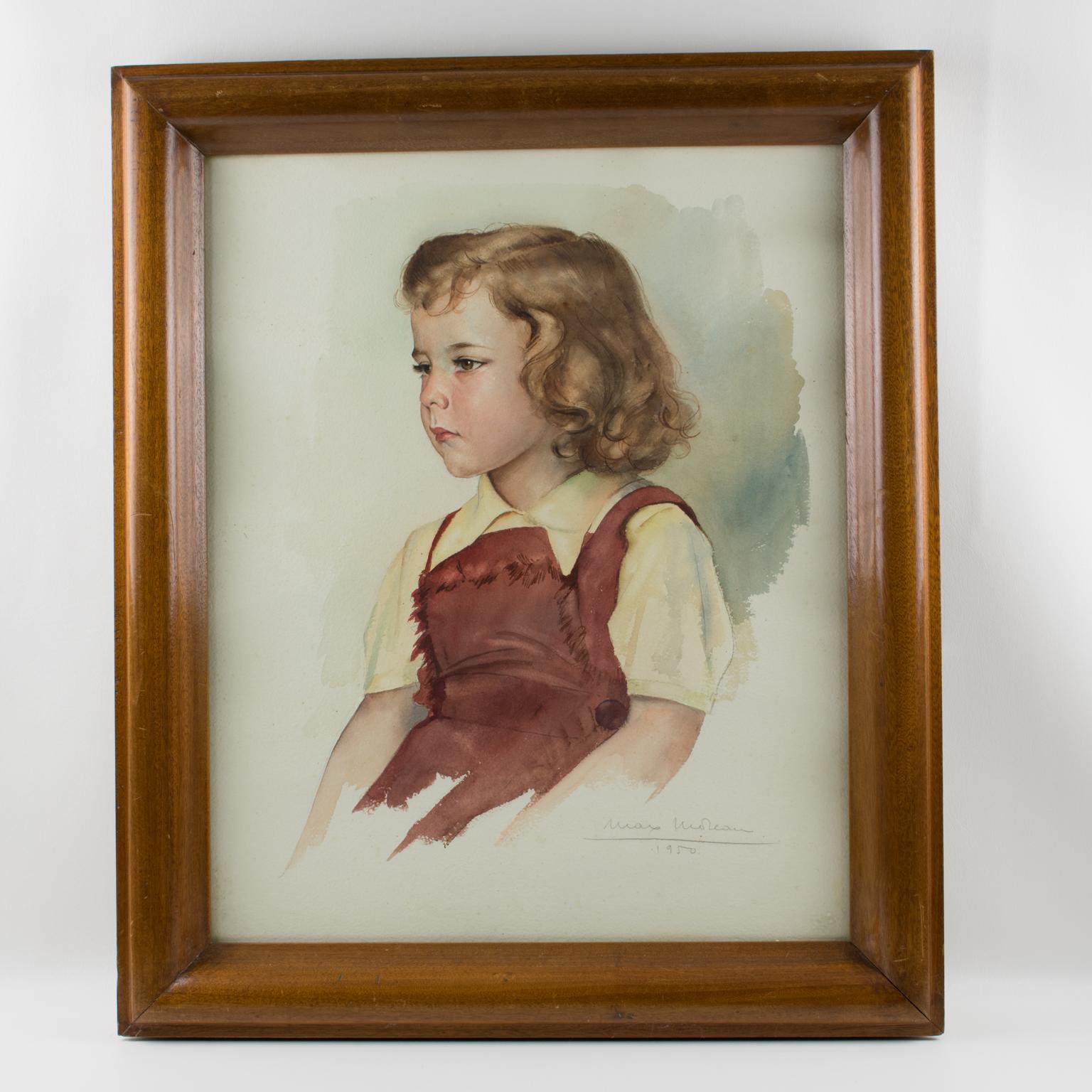 Portrait d'une jeune fille Peinture à la gouache de Max Moreau, vers 1950 en vente 3