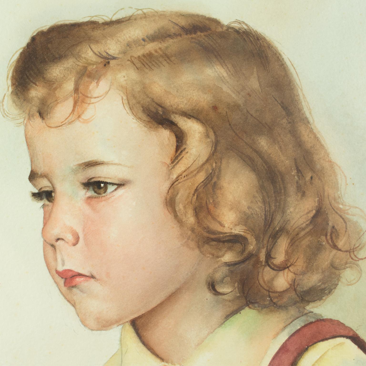 Portrait d'une jeune fille Peinture à la gouache de Max Moreau, vers 1950 en vente 7