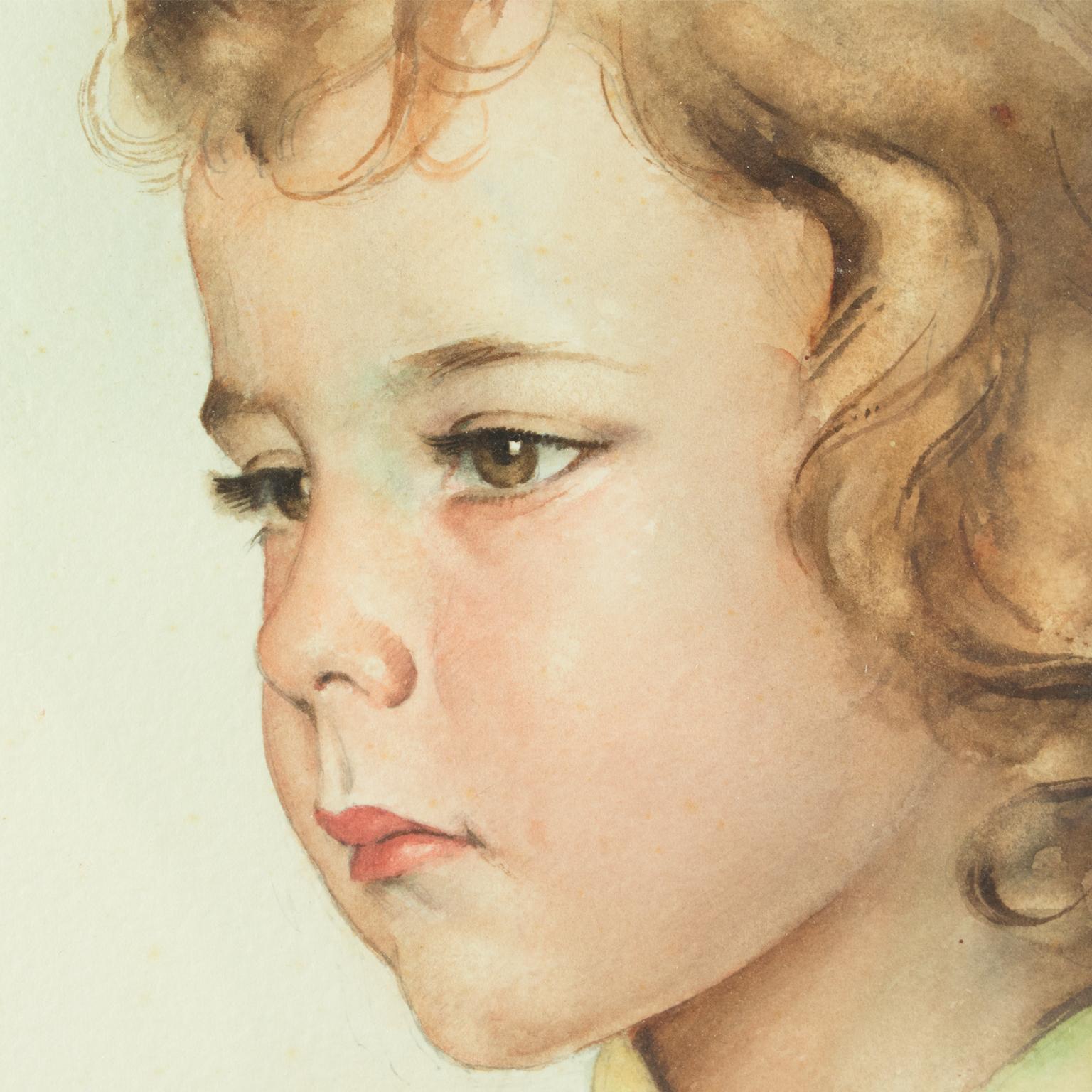 Portrait d'une jeune fille Peinture à la gouache de Max Moreau, vers 1950 en vente 8