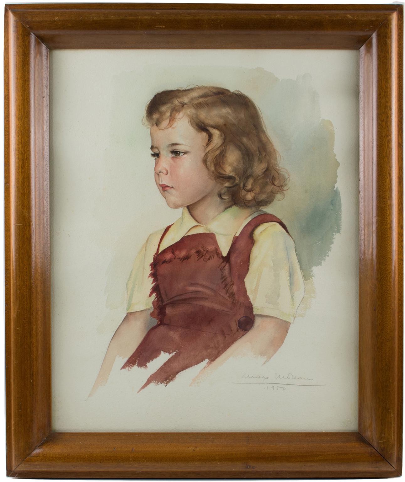 1950s portrait, gouache on paper painting by Belgian artist Max Moreau (1902 - 1992).
A finely detailed portrait of a lovely young girl looking like a good child from the period right after WWII. Moreau captures the sweet expression, soft features,