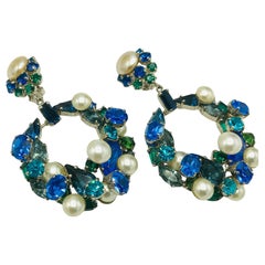 Max Muller Vintage German blue green and pearl GlassHoop Earrings.
