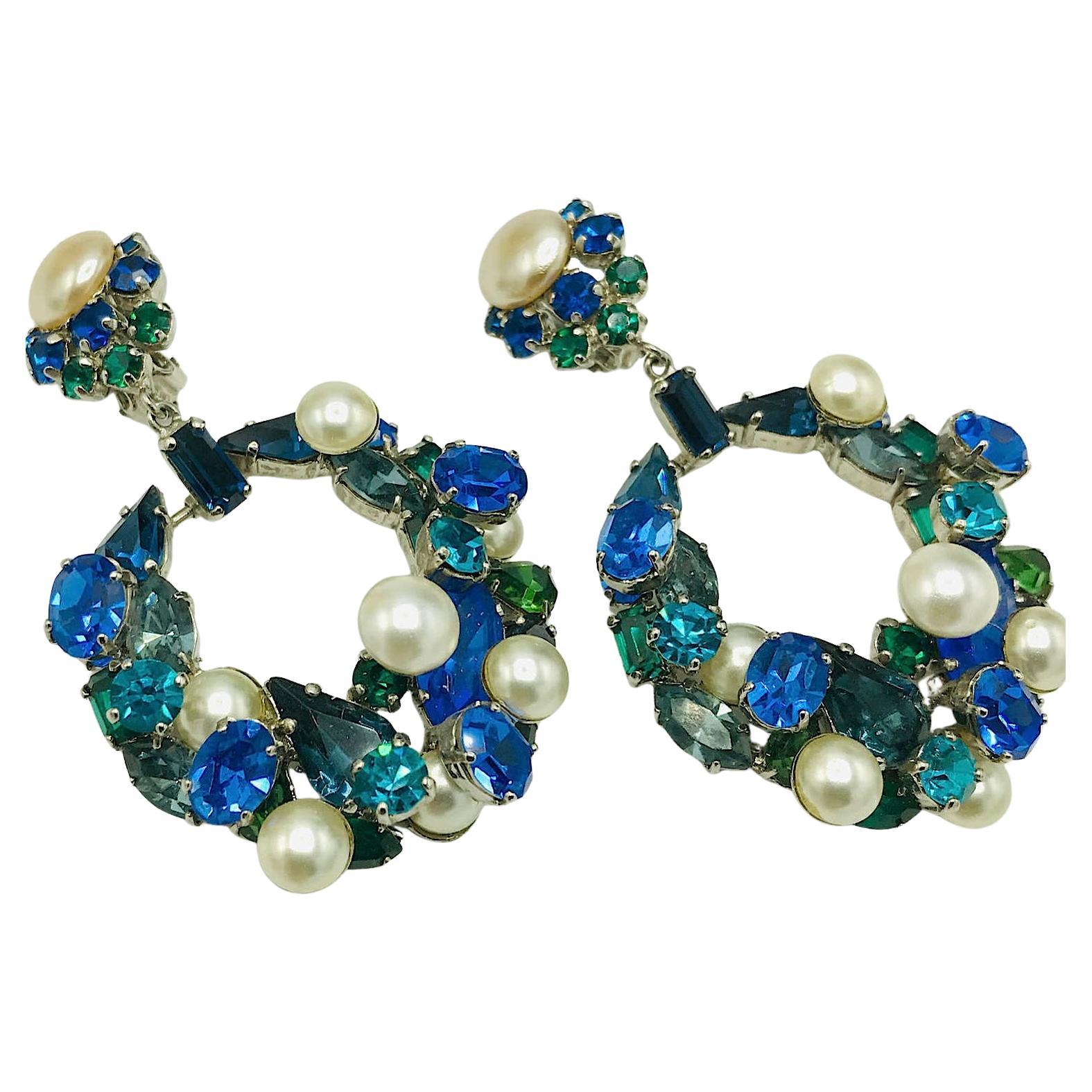 Max Muller Vintage German blue green and pearl GlassHoop Earrings. For Sale