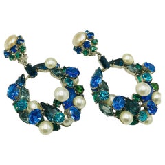 Max Muller Vintage German blue green and pearl GlassHoop Earrings.