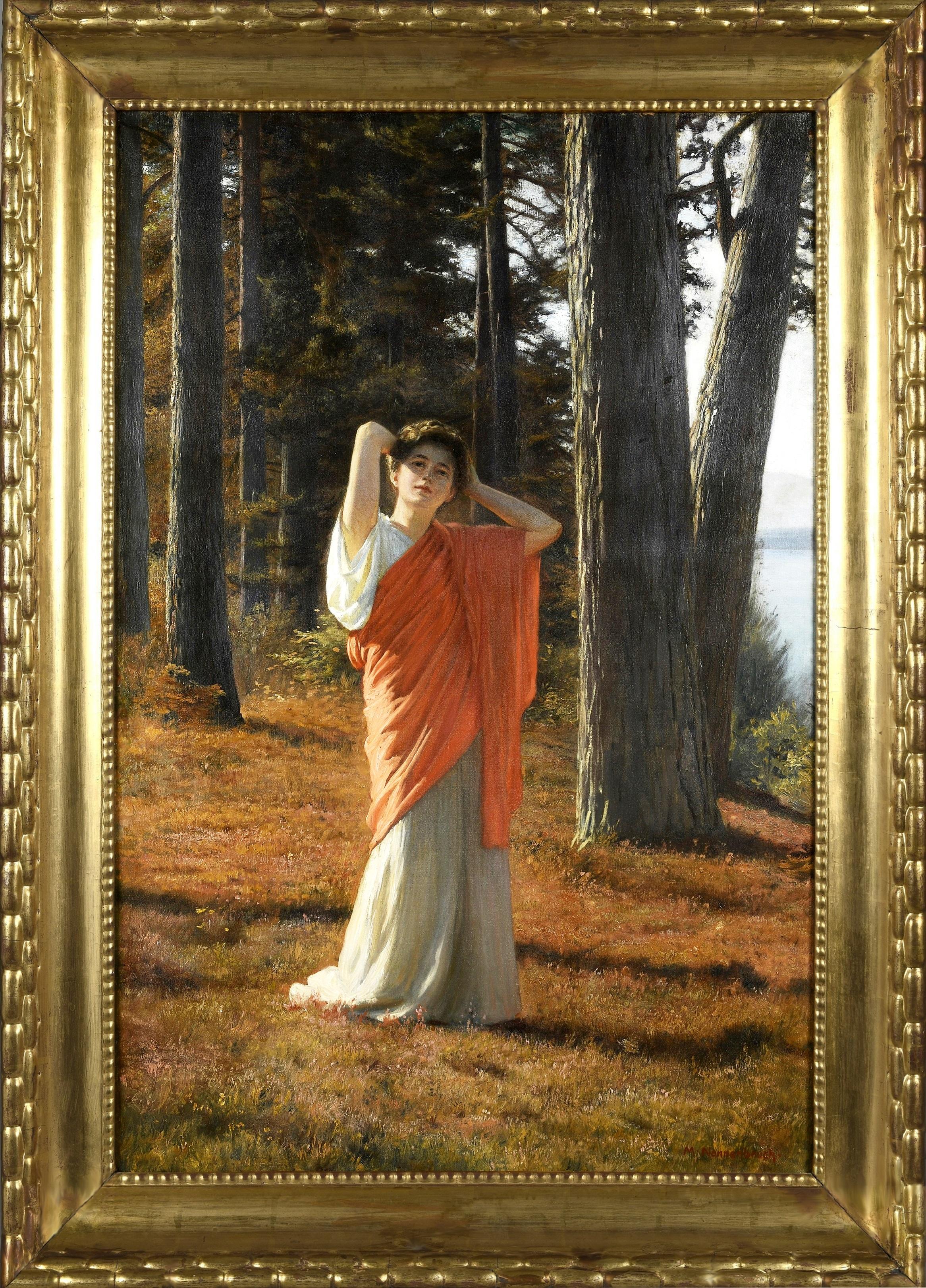 Grande peinture à l'huile néoclassique du XIXe siècle représentant la déesse Diane des lacs de l'Antiquité romaine