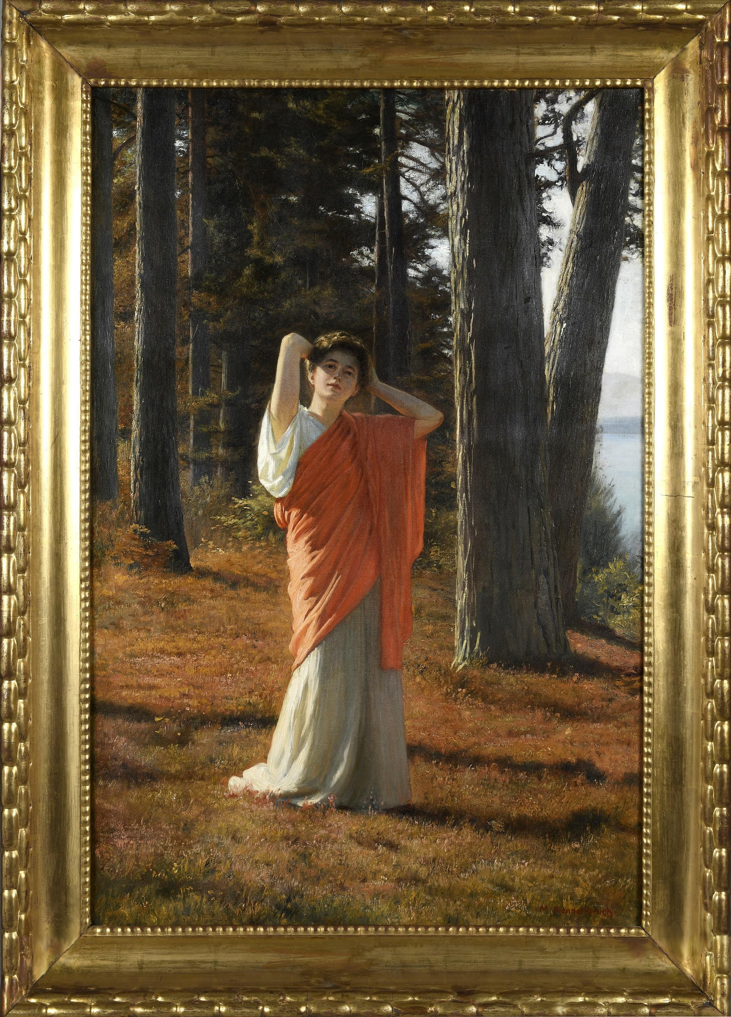 ‘Diana Nemorensis’ by Max Nonnenbruch (1857-1922).

The painting – which depicts the Goddess Diana of the Woods beside Lake Nemi – is signed by the artist and presented in a fine gold leaf neoclassical frame.

The scared temple of Diana Nemorensis