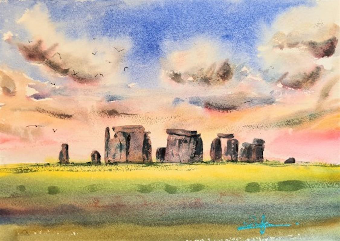 Stonehenge at Dusk and Whiteshill, Stroud, Gloucestershire By Max Pank - Painting by Max Panks