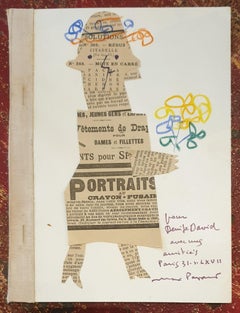 Unique Mid-Century Original Mixed Media Newsprint and Crayon. Hat and Flowers.