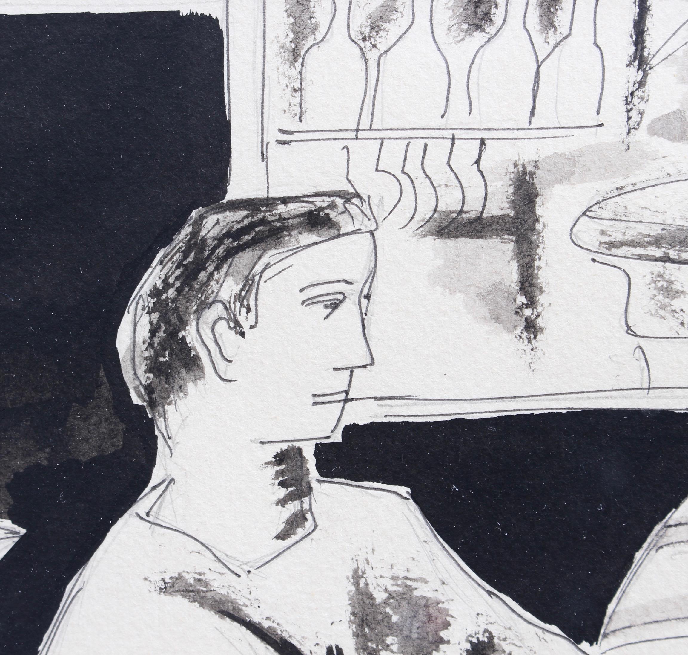 'Card Players in Marseille', ink, gouache and pencil on art paper, by Max Papart (1951). Unusual for this artist, this original figurative piece is a departure from his abstract work. Creating the artwork for a friend may explain that departure. A