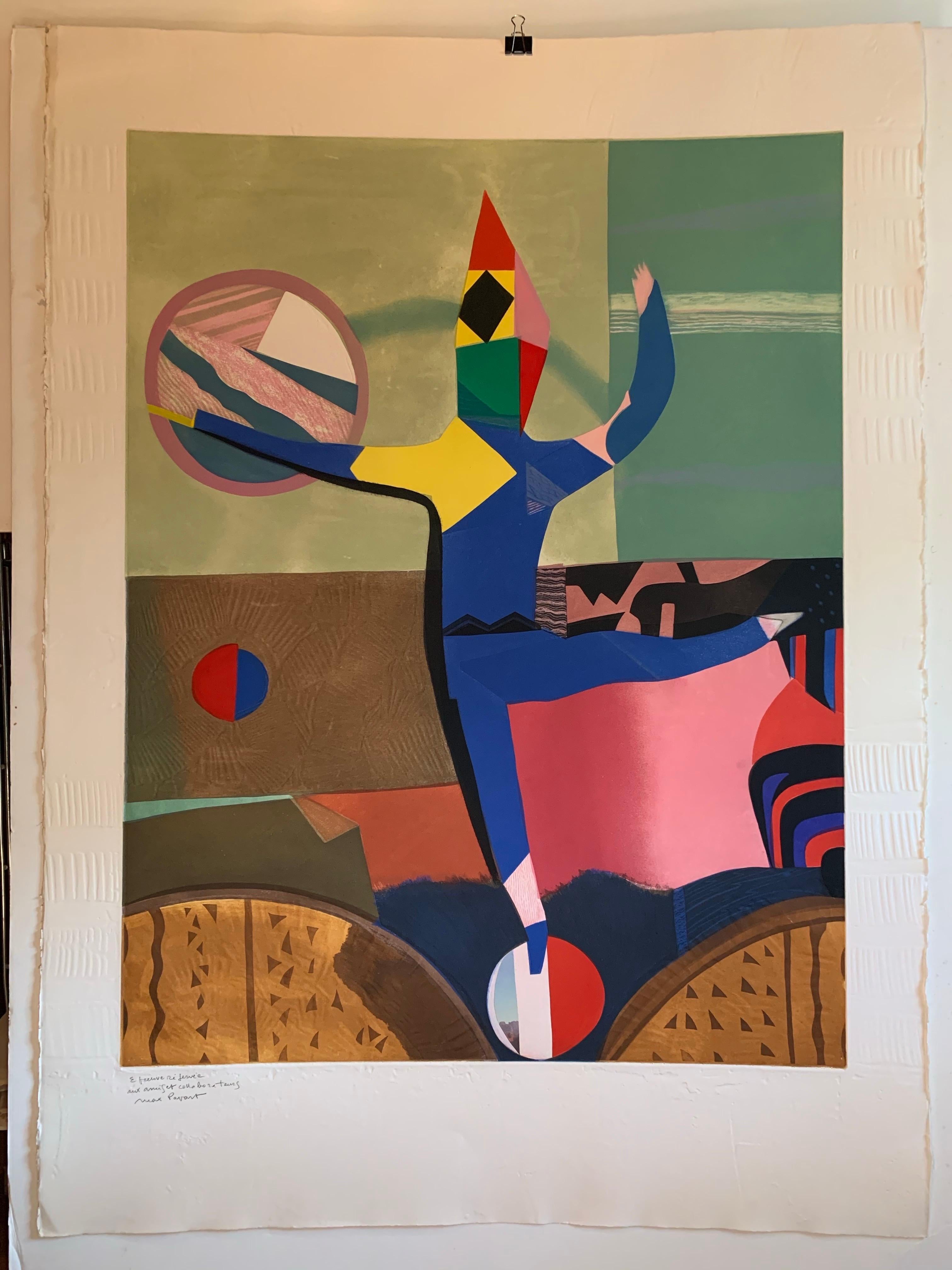Max Papart - "Blauer Harlekin"
Original-Lithographie - • Artist's Reserved Proof - • Bleistift-signiert

Eine lebendige und sehr begehrte Lithografie von Max Papart (Aquatinta), die die ikonische Figur des Harlekin in auffälligen, leuchtenden