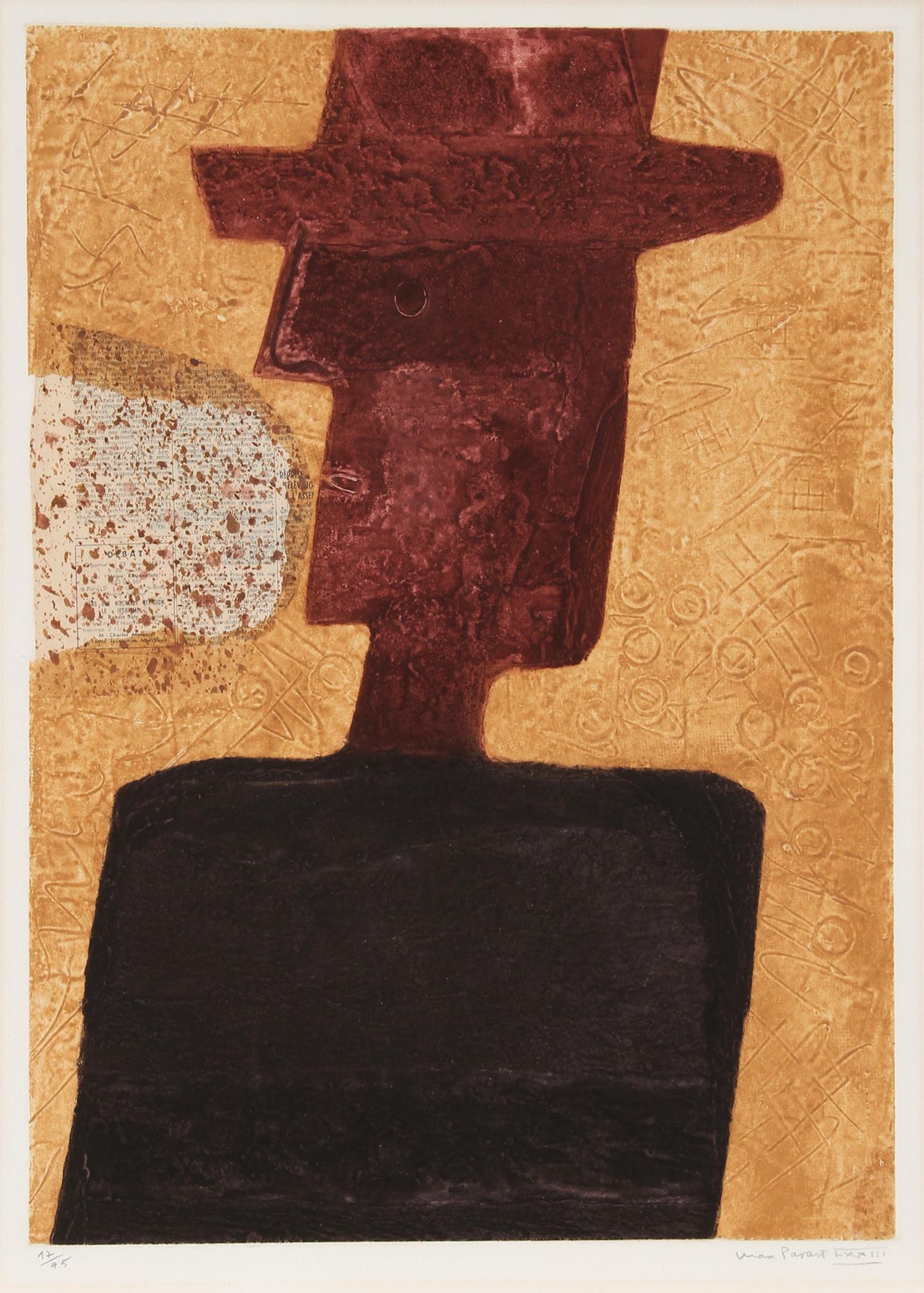 L'Homme au Chapeau von Max Papart, Franzose (1911-1994)
Datum: ca. 1970
Aquatinta-Radierung und Carborundum, mit Bleistift signiert und nummeriert
Auflage von 17/75
Bildgröße: 23 x 16,5 Zoll
Größe: 72,39 cm x 55,88 cm (28,5 Zoll x 22 Zoll)