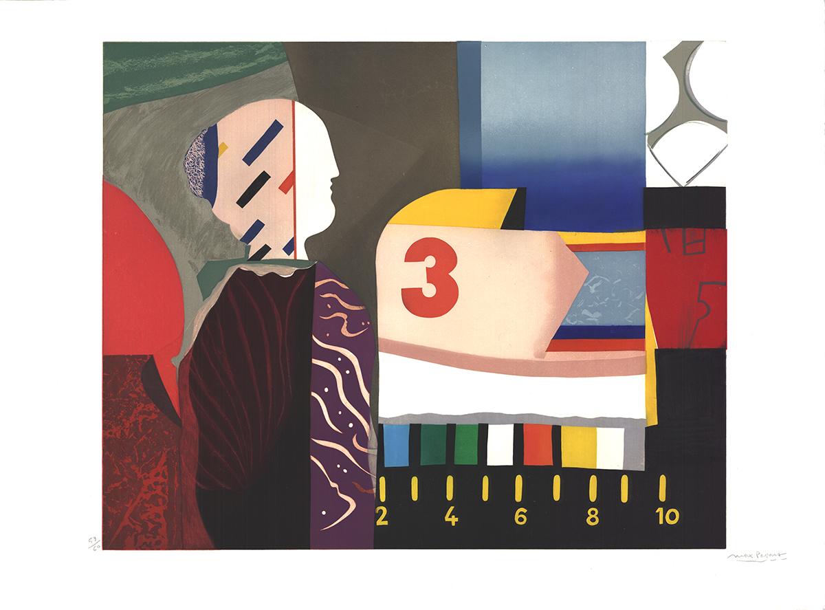 Dieser Siebdruck von Max Papart aus dem Jahr 1981 ist ein eindrucksvolles Beispiel für seine Fähigkeit, abstrakte und figurative Elemente in einer kohärenten und visuell überzeugenden Komposition zu vereinen. Das von Hand signierte und nummerierte