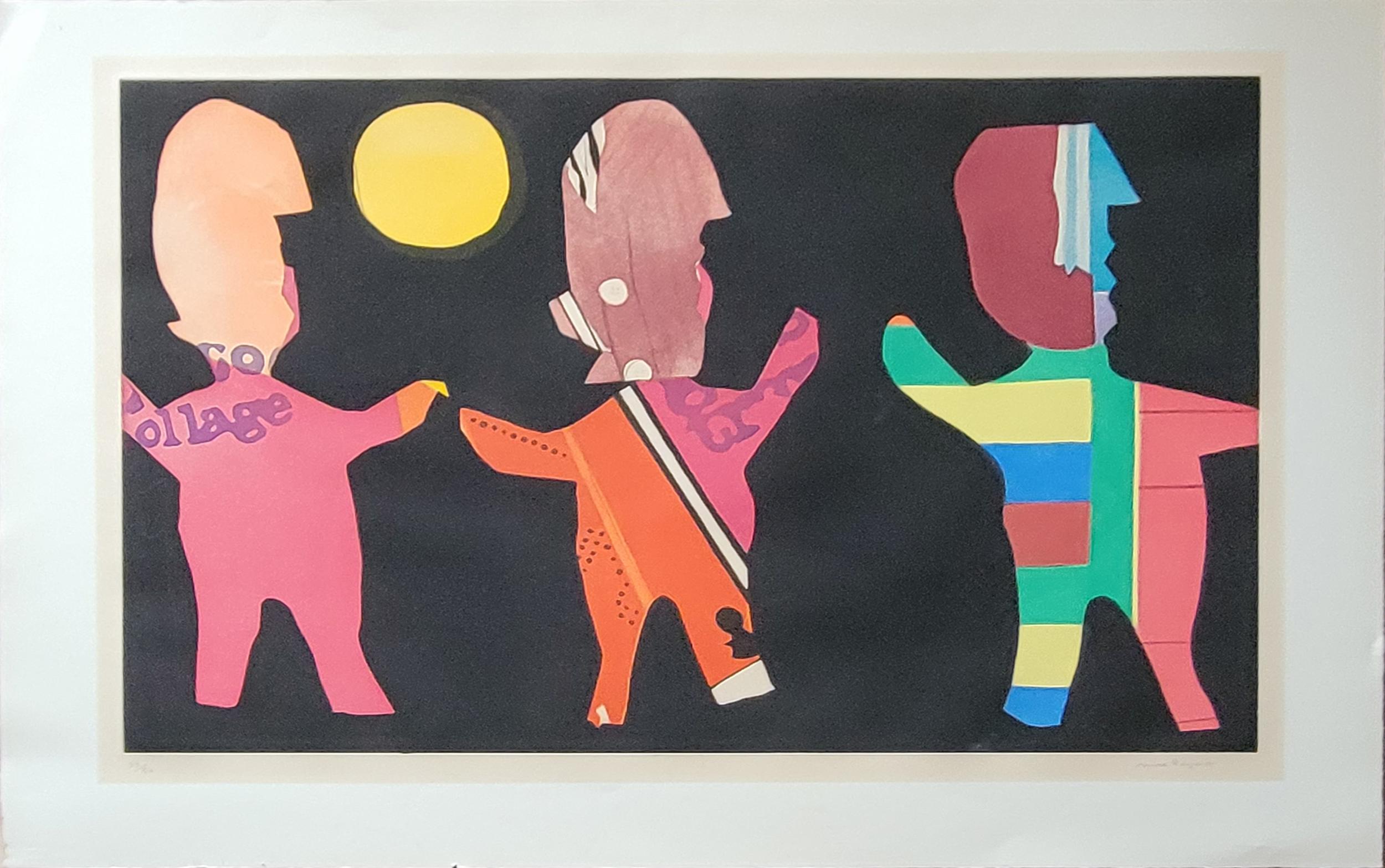 Max Papart's signature style sits between Pop Art and Cubism, using techniques that make many of his works look like collages. This lithograph features three dancing figures against a black background, all moving towards the sun. The work is signed