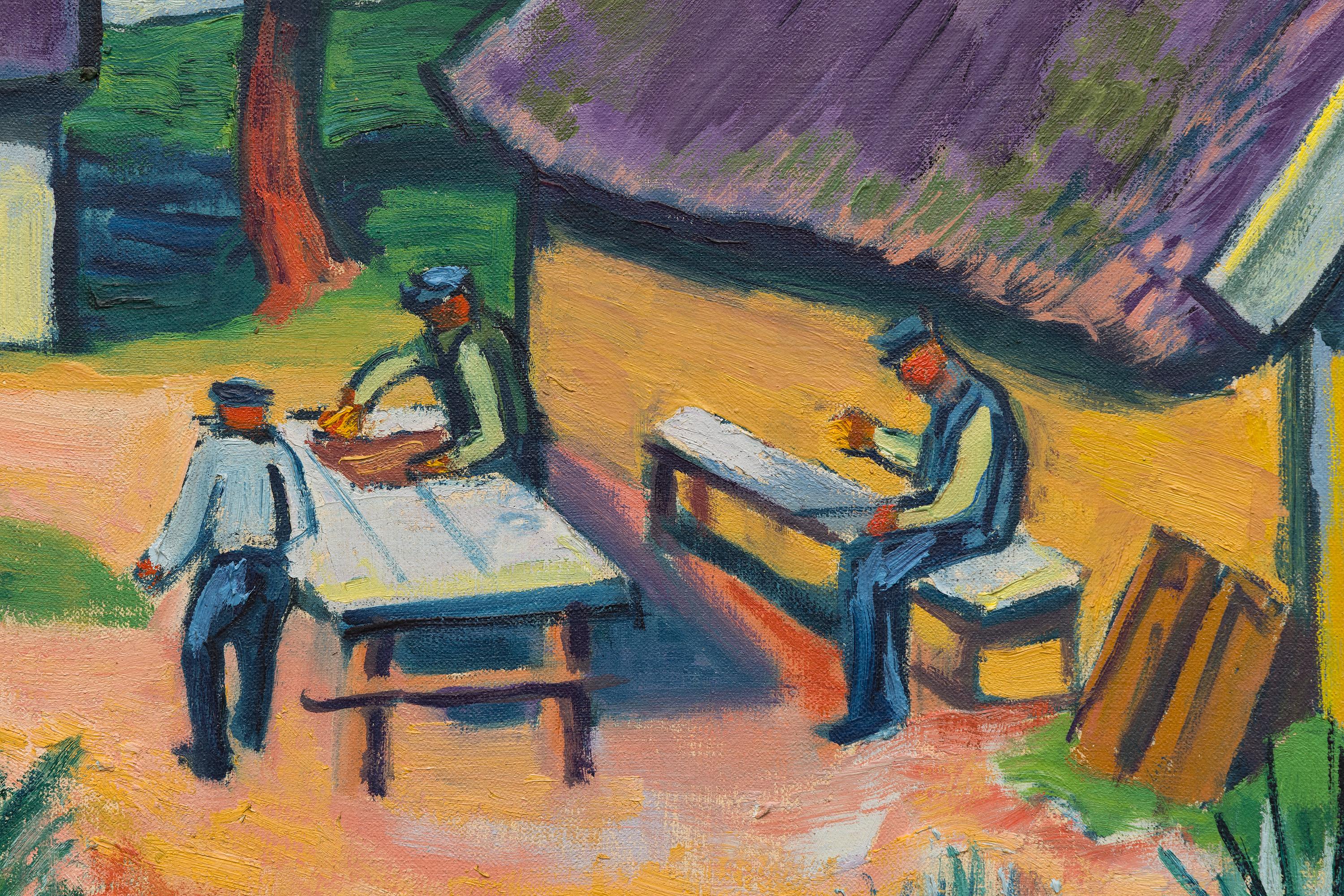 Alte Fischerhutten - Expressionistisches Ölgemälde eines Fischerdorfs, 1949 (Grau), Figurative Painting, von Max Pechstein