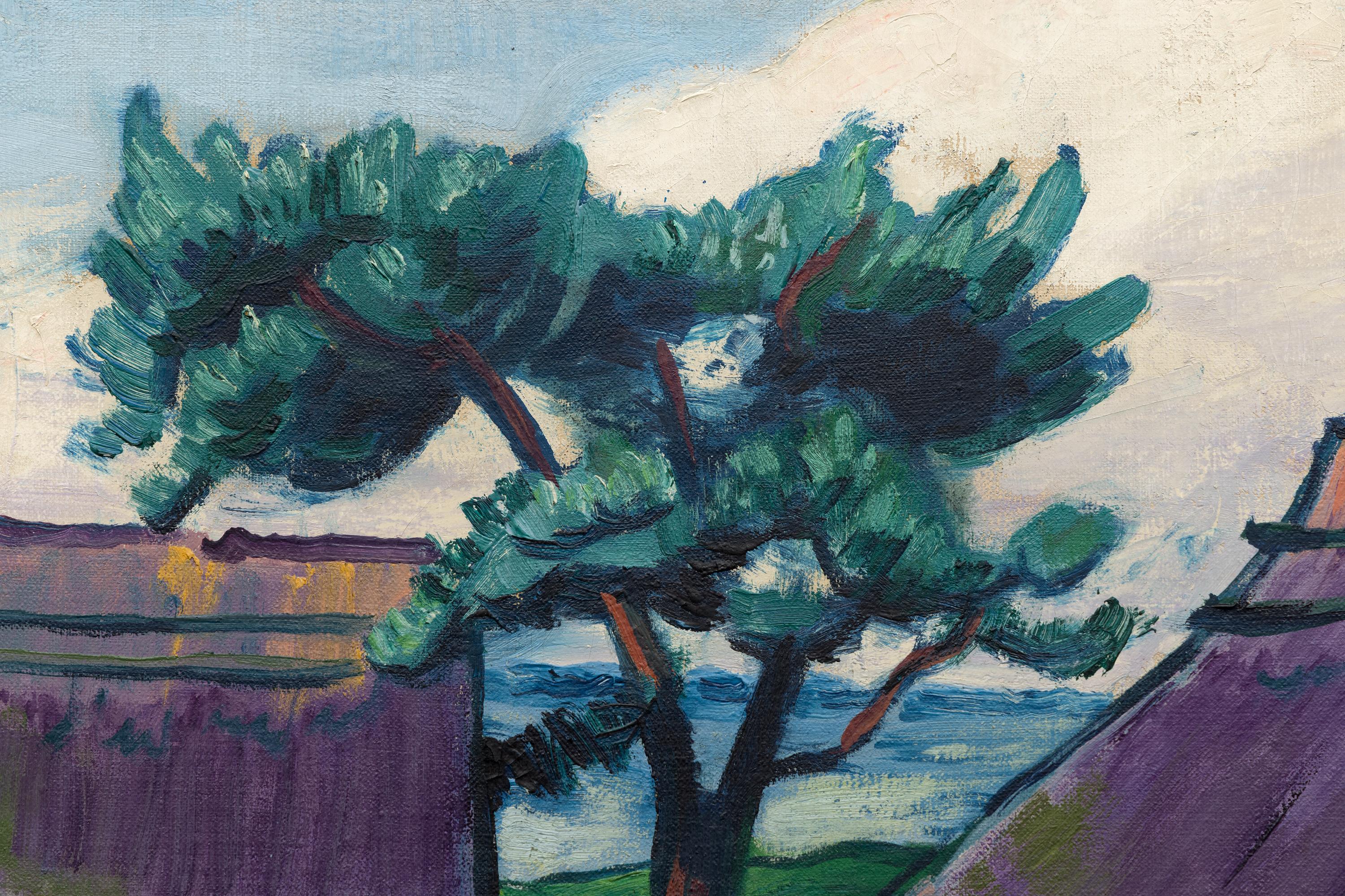 Alte Fischerhutten - Expressionistisches Ölgemälde eines Fischerdorfs, 1949 im Angebot 1