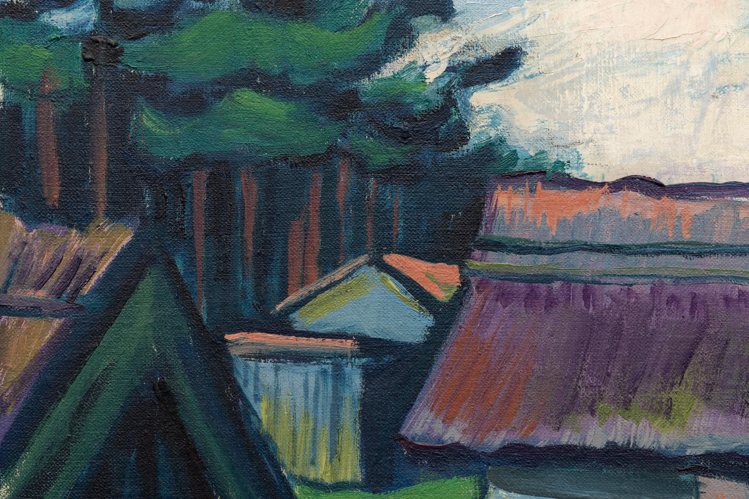 Alte Fischerhutten - Expressionistisches Ölgemälde eines Fischerdorfs, 1949 im Angebot 2